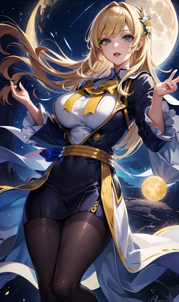 masterpiece, high quality, 4K, Beautiful design, silhouette，blonde， 非常に詳細な夜のStarry Sky,Flower Field， wonderful, Finer details,  Very knowledgeable woman, Highly detailed solo, 1 female,Big Breasts，Sailor suit，Night view，Starry Sky，full moon，