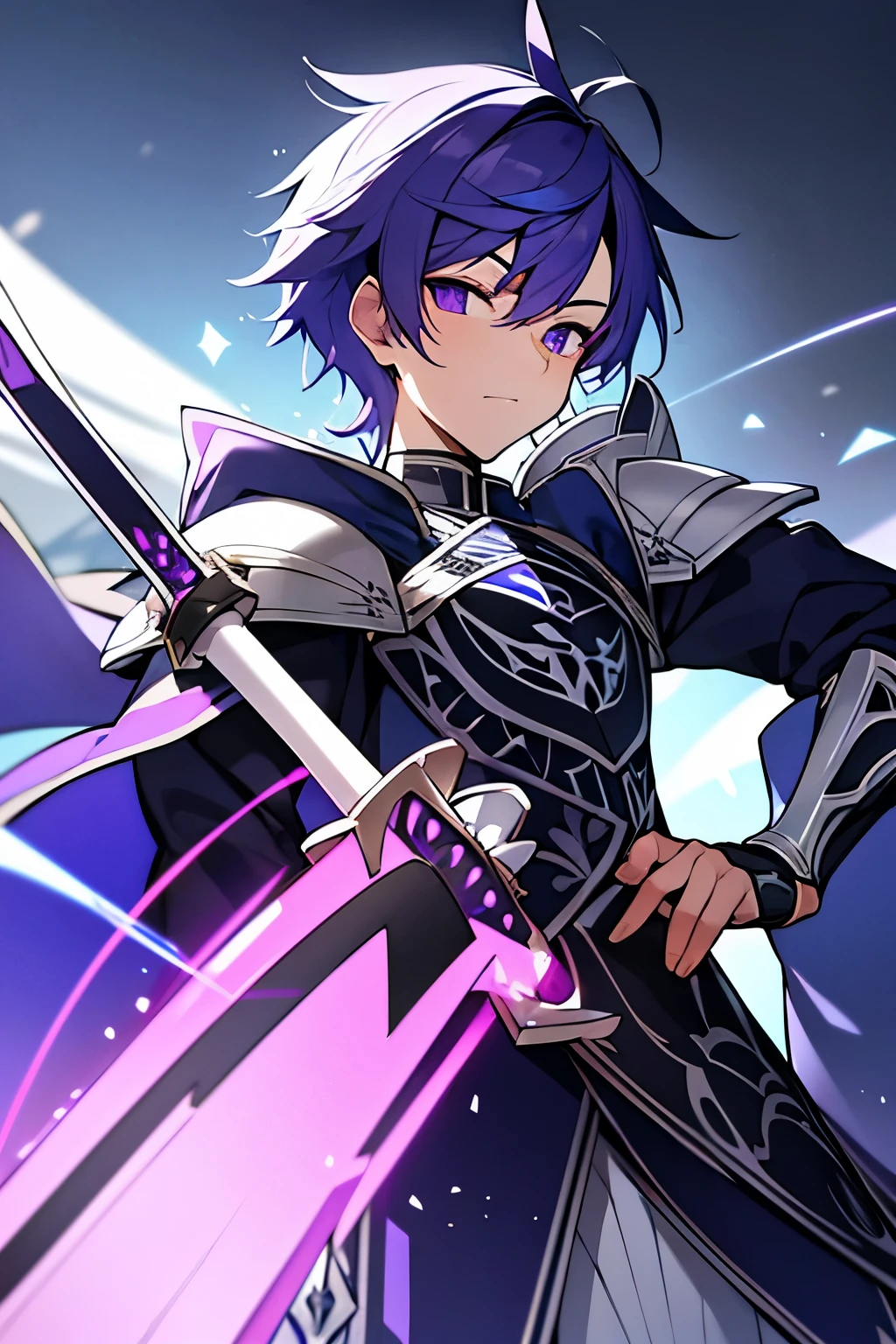 Purple-blue hair have a small beard wears white armor with black and purple accents holding a light purple-blue sword french swordsman style