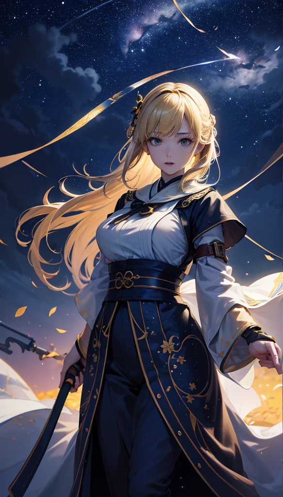 masterpiece, high quality, 4K, Beautiful design, silhouette,blonde, 非常に詳細な夜のStarry Sky,Flower Field, wonderful, Finer details, Very knowledgeable woman, Highly detailed solo, 1 female,Big Breasts,Sailor suit,Night view,Starry Sky,full moon,