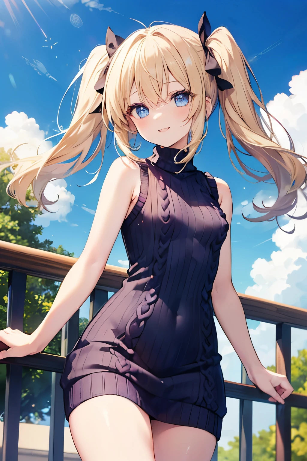 blonde、blue eyes、girl、Small breasts、Twin tails、girl、Small breasts、Lolita、Bright smile、Looks about 15 years old、Petan Musume、short、目のhighlight、Sexy thighs、Walking Outside、blue sky、(Sleeveless, form-fitting, high-neck ribbed sweater dress:1.3)、Your eyes are so beautiful、highlight