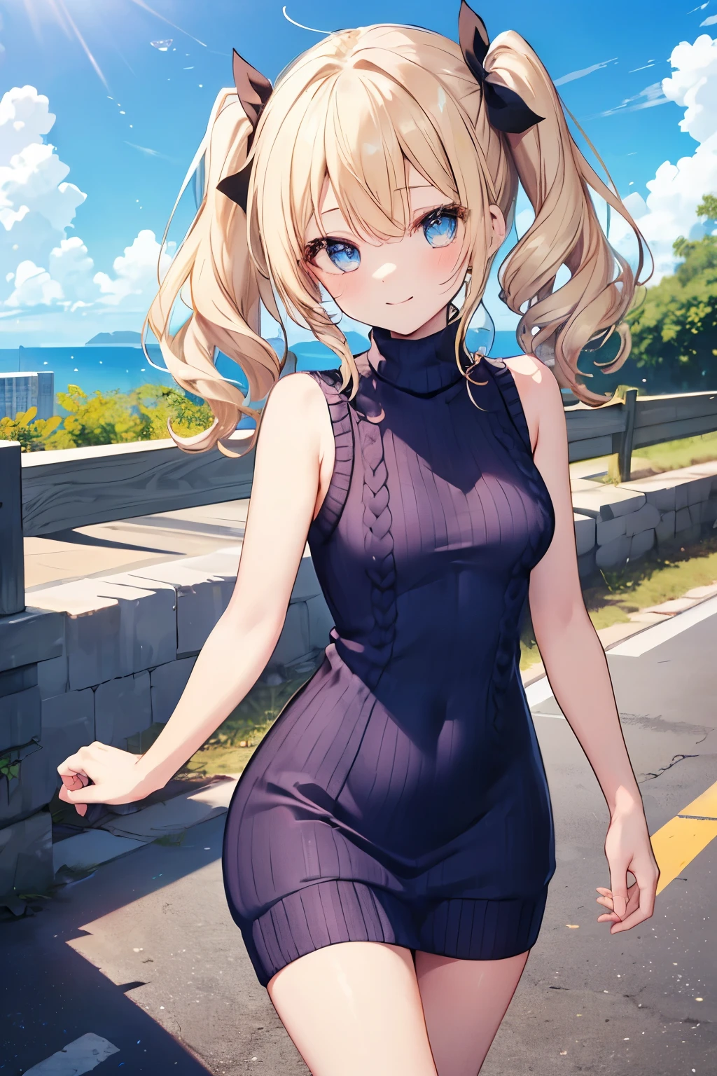 masterpiece, best quality, highres, Claire Harvey, long hair, twintails, twin drills, hair ribbon, sweater dress, ribbed sweater, sleeveless, turtleneck, street, sitting, bench, smile