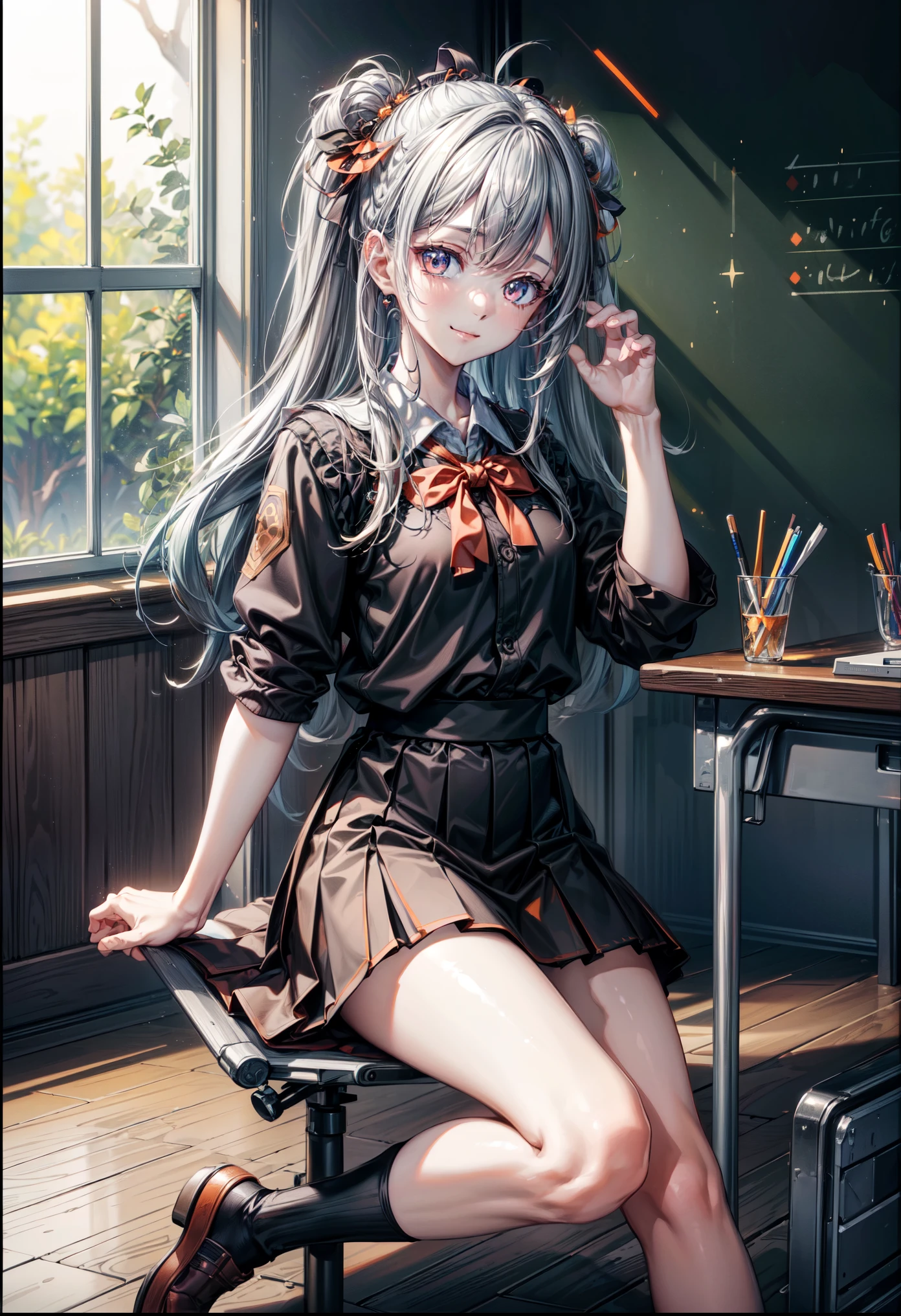 ((masterpiece)), ((best quality)), ((High resolution)), ((Extremely detailed CG unity 8k wallpaper)), Solitary, Orange, Black skirt, White socks, Little Smile, classroom