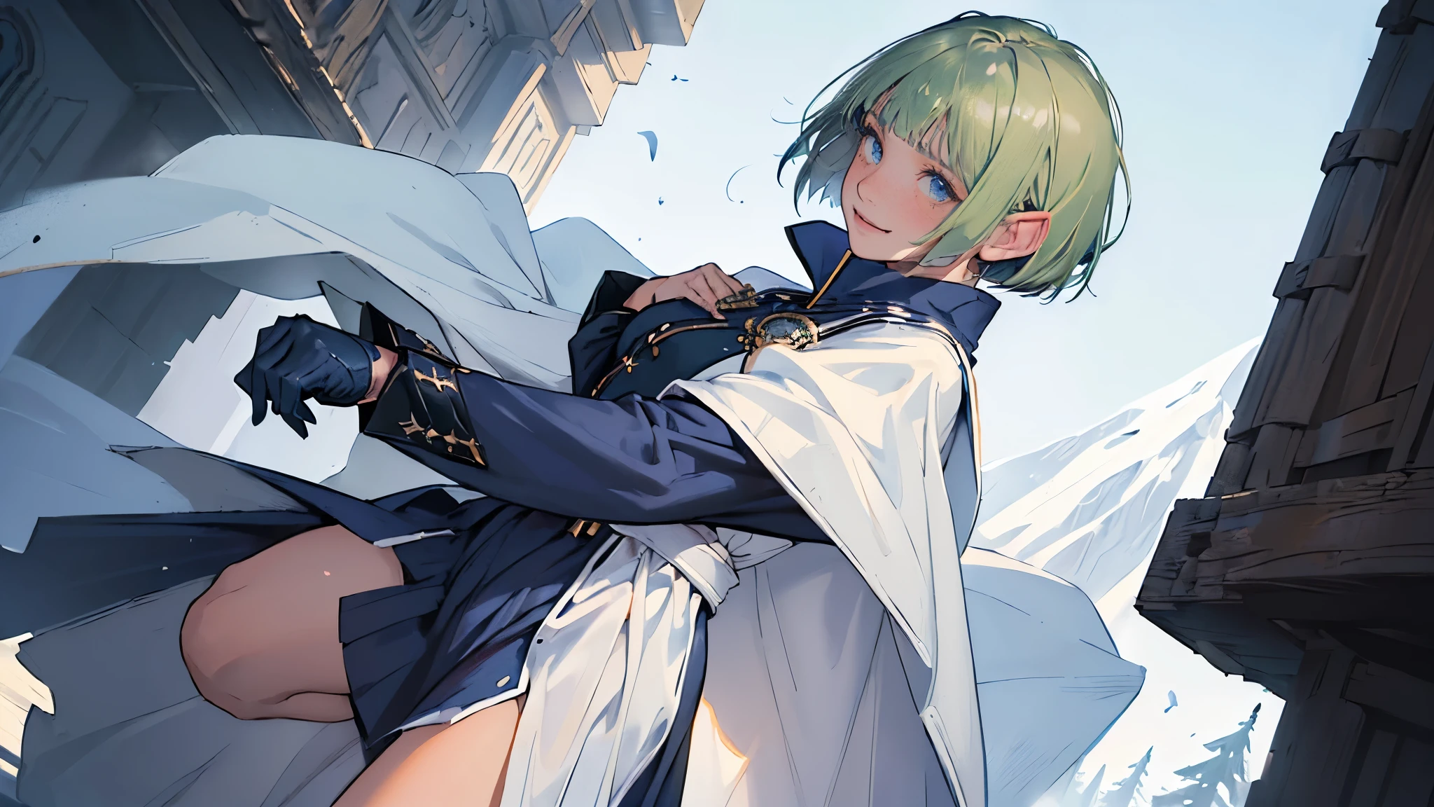 (((((girl))))), masterpiece, ultra detailed, 8K Portrait, Raw photo, woman's portrait photography, full body, Highly detailed face, mischievous childish smile, blush, ((Fantasy)), (((hobbit))), ((Adult)), 45 years old, 110cm, (((ALCHEMIST))), ((tanned skin)), (((greenish white short bob hair))), (((blunt bangs))), hair ornament, (((white silk long cloak))) Fluttering in the wind, (high school dark blue uniform:1.5), long skirt, leather gloves, Midday sun, Hyper realistic, Slender body, by the snowy castle, Ambient lighting, Shadow details, Camera focus on face, strong breeze, Light fog