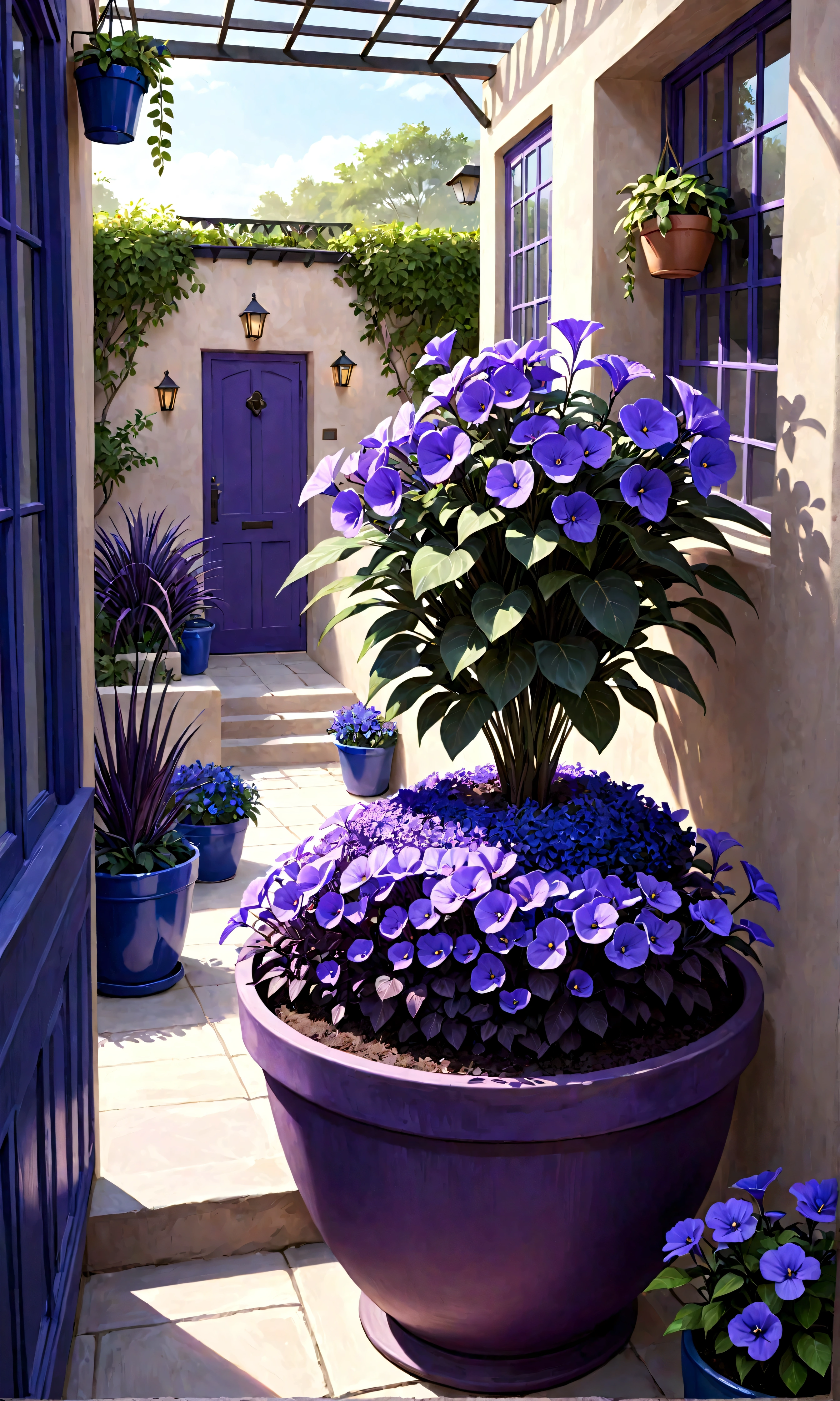 purple flowers in a pot on a patio with a blue planter, purple foliage, blue and purple plants, dark purple tones, some purple, cobalt coloration, violet, dark purple, purple, purples, purple hues, violet polsangi, second colours - purple, more dark purple color scheme, dark purple blue tones, dark purple scheme, violet colors