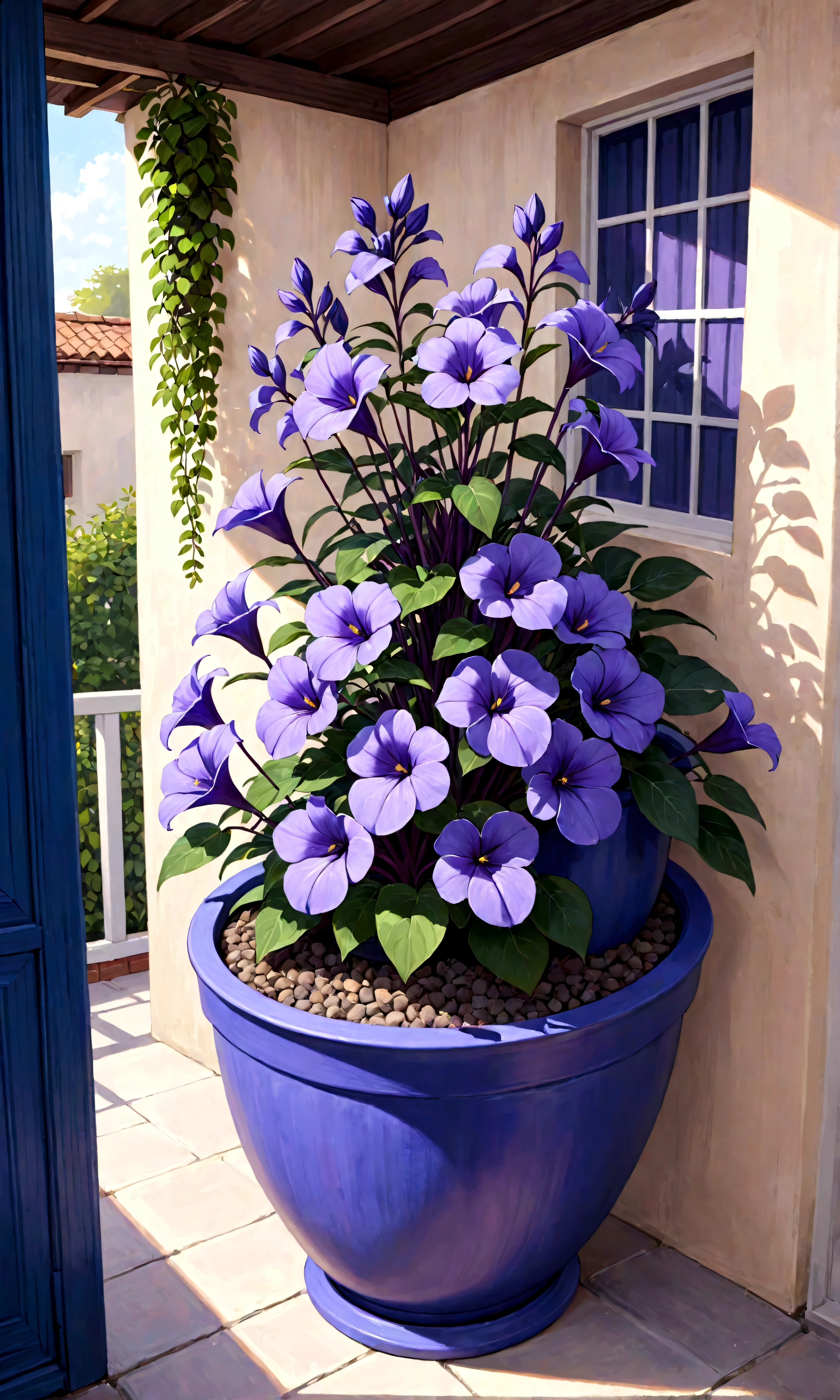 purple flowers in a pot on a patio with a blue planter, a pastel by Ann Thetis Blacker, tumblr, sōsaku made, purple foliage, blue and purple plants, dark purple tones, some purple, cobalt coloration, violet, dark purple, purple, purples, purple hues, violet polsangi, second colours - purple