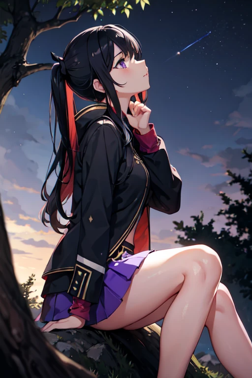 1 Girl, Black long straight,Black hair, Purple Eyes, Depth of Field, night, Light Particles, light, Side Light, thigh, Genshin Impact, open jacket, skirt,Sitting,Leaning against a tree,Hands on knees,Look up at the sky,Profile