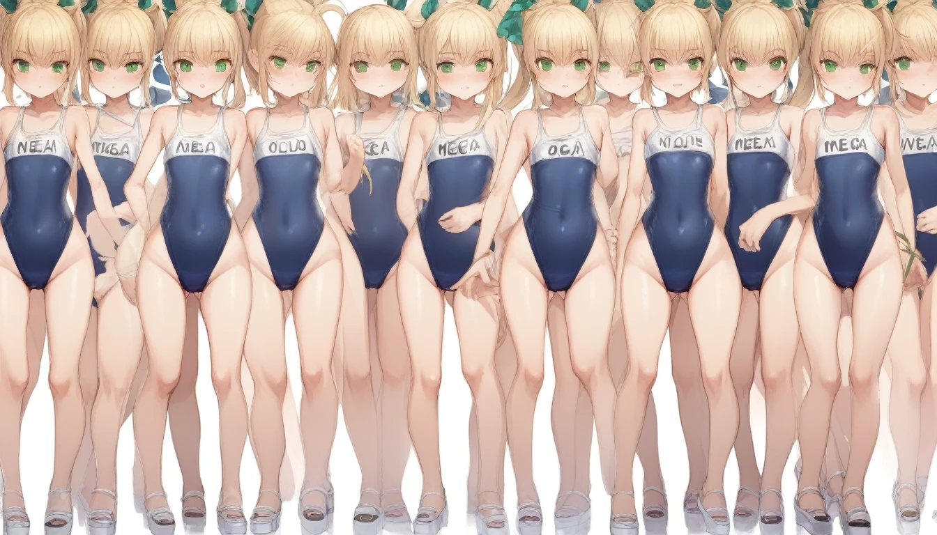 Short stature,flat chest, clone girls, blond hair, green eyes,swimsuit roll(mega man x dive old design) clones,high ponytail hair,Sleeveless navy one piece school swimsuit with white stripes from armpit to flank,white name tag, navy heeled sandals, green ribbon,human appearance,same height,same appearance, same face,fill the entire image, absolutely everyone, many clone, masterpiece, best quality,insanely detailed, 20000+ clone girls, perfect features,multiple clone girls,same school swimsuit,same hair