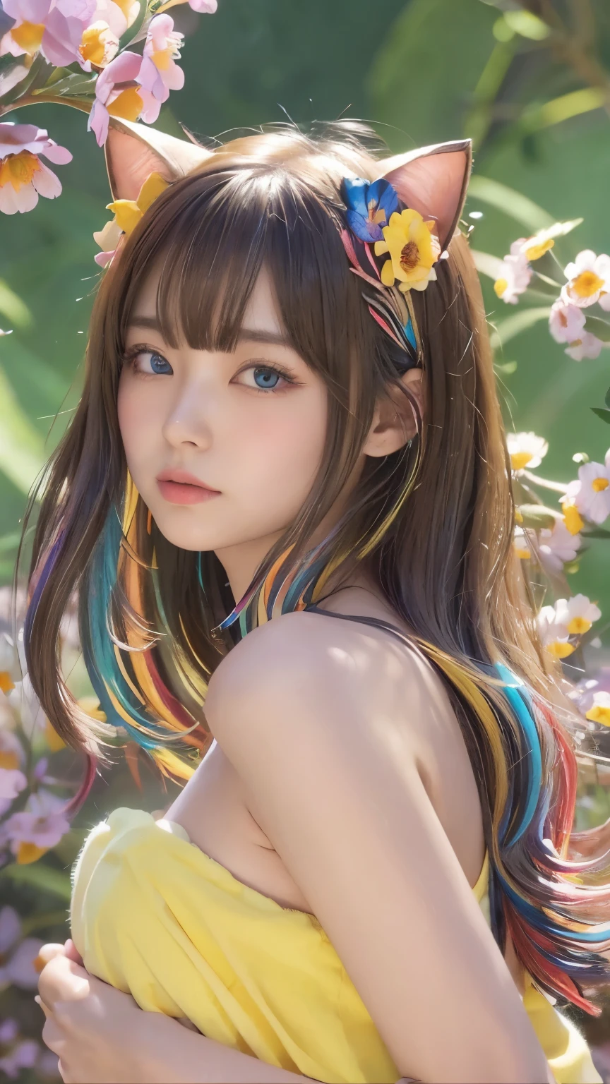 可愛い黒Cat ear、Beautiful blue eyes、Turn around、Rin々Funny face、beautiful、blue Moon、Lots of blue light，Facial close-up enhancement，AmbiLight，The colors are vivid and bright，Detailed depiction，Rich details，Explosion of imagination，Surreal，Ultra-realistic，masterpiece，8k，Light，Tyndall effect 8k, highest quality, masterpiece, たくさんの花に囲まれたbeautiful少女の写真, (Flower Shower:1.2), (Mid-chest), Blushed, Bob Brown Hair, (Japanese Idols:1.6), break, (Cat ear:1.2), Looking at the audience , (Colorful flowers background:1.8), (A lot of colorful flowers:1.5){{masterpiece}},{{highest quality}},Awareness-raising,1 perfect portrait of a girl, A fascinating eye for perfect detail), Colorful Hair, (Yellow soft hair:1.6),(Cat ear:1.3),Slim and tall body type, beautiful黄色の背景, {Exposed bare shoulders},{Long-term alienation_sleeve}, {Lean forward slightly}, If you look up,hair ornaments,{shy},Please keep your mouth shut, Tilt your head,{Small breasts} ,Cinema Lighting,Larger clothes, ((Seductive pose)), 