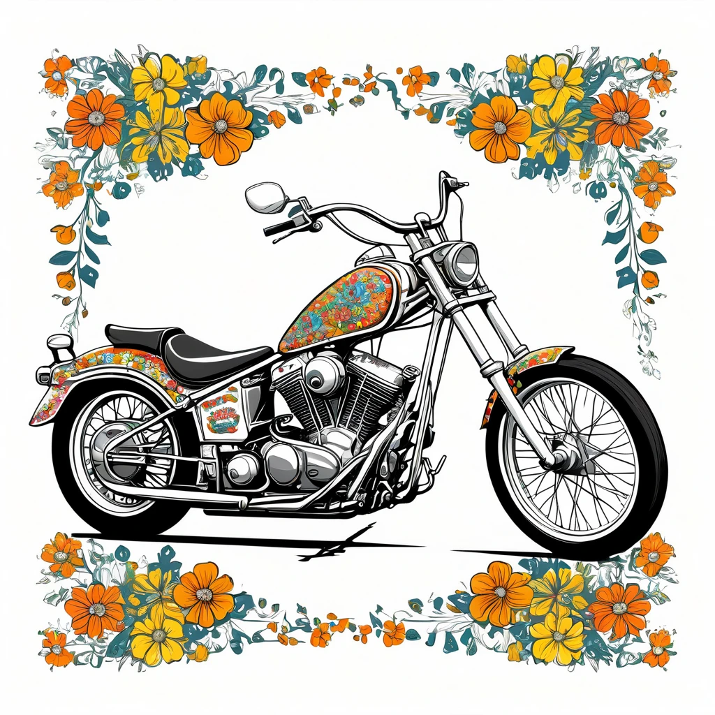 Vintage tshirt print design (on a white background:1.2), digital art of a custom vintage chopper motorcycle with floral patterns and a bright, cheerful color palette, (comics style:1.2), highly detailed, 4k, masterpiece.The white background should be separated from the main image for easier removal.
