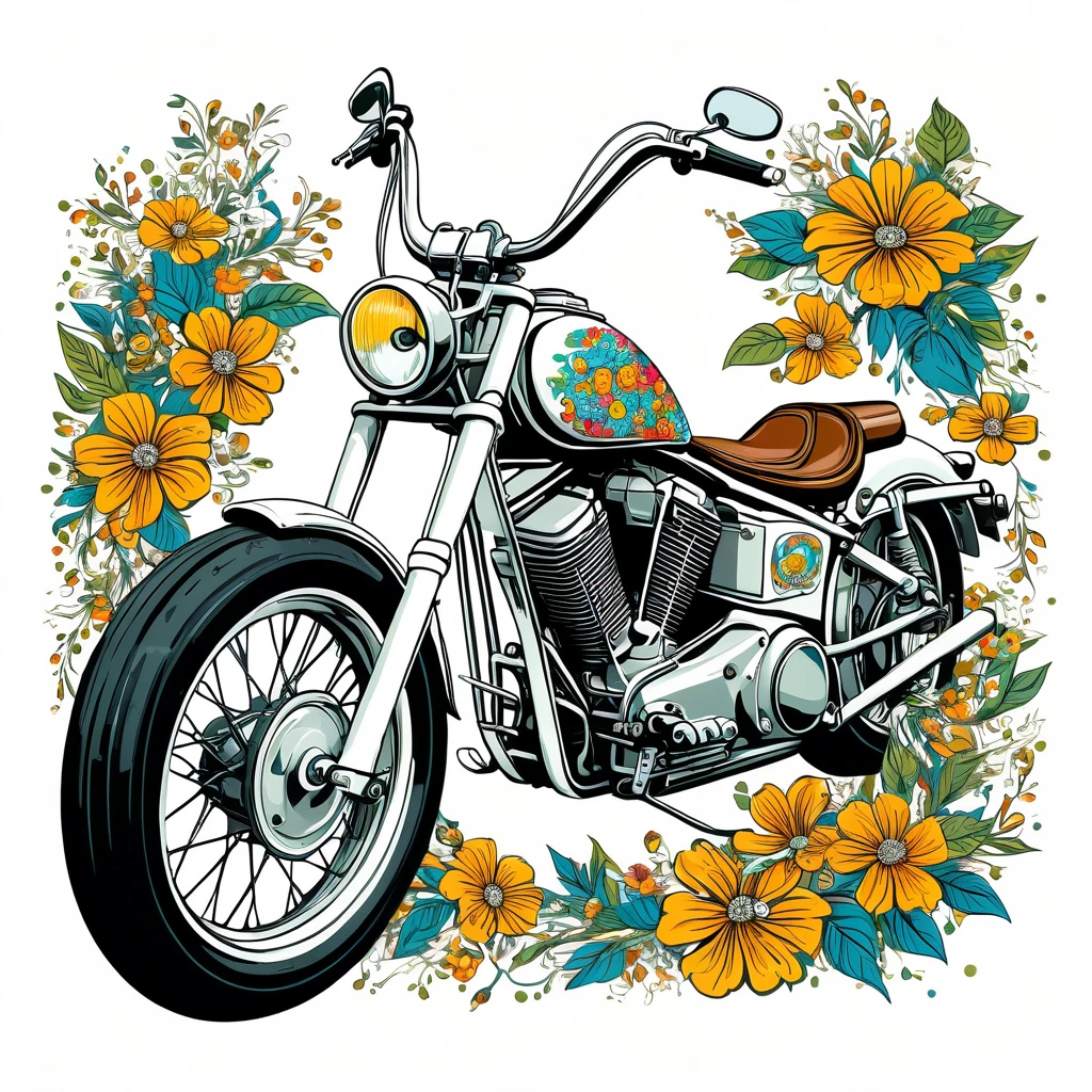 Vintage tshirt print design (on a white background:1.2), digital art of a custom vintage chopper motorcycle with floral patterns and a bright, cheerful color palette, (comics style:1.2), highly detailed, 4k, masterpiece.The white background should be separated from the main image for easier removal.