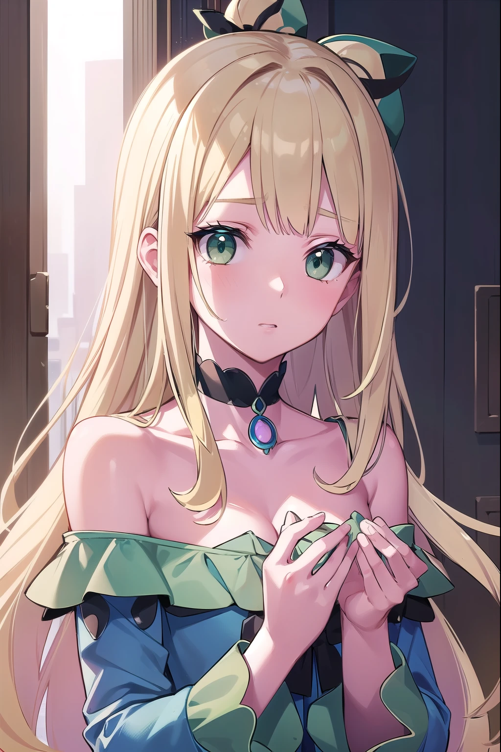 Blonde Hair, choker, (Green Eyes:1.5), Long Hair, break bare shoulders, Blue clothes, blush, blush stickers, Cleavage, clavicle, have, Off the shoulder, Pokémon, Pentacles, wizard have, (Blue clothes:1.5), break looking at viewer, break outdoors, city, break (masterpiece:1.2), highest quality, High resolution, Unity 8k, (shape:0.8), (Beautiful details:1.6), Highly detailed face, Perfect lighting, Extremely detailed CG, (Perfect hands, Perfect Anatomy),