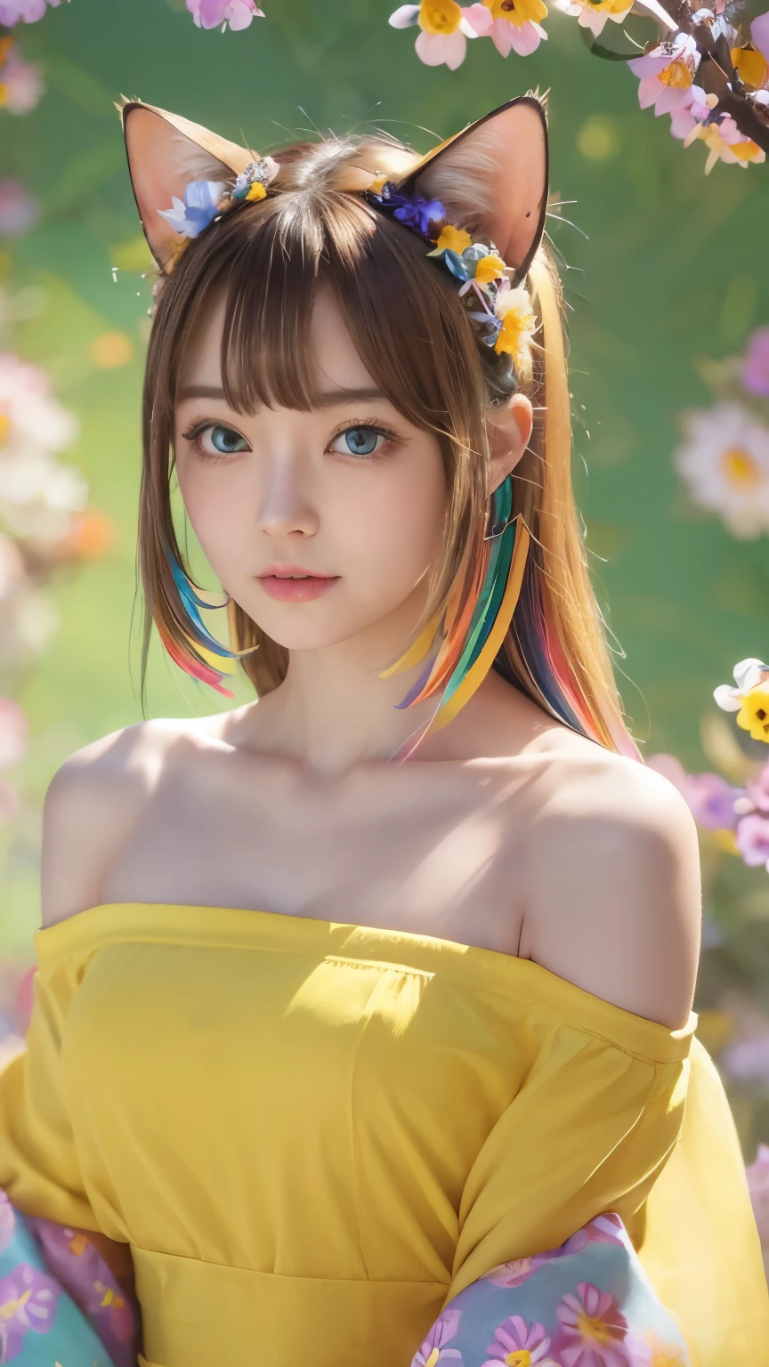 可愛い黒Cat ear、Beautiful blue eyes、Turn around、Rin々Funny face、beautiful、blue Moon、Lots of blue light，Facial close-up enhancement，AmbiLight，The colors are vivid and bright，Detailed depiction，Rich details，Explosion of imagination，Surreal，Ultra-realistic，masterpiece，8k，Light，Tyndall effect 8k, highest quality, masterpiece, たくさんの花に囲まれたbeautiful少女の写真, (Flower Shower:1.2), (Mid-chest), Blushed, Bob Brown Hair, (Japanese Idols:1.6), break, (Cat ear:1.2), Looking at the audience , (Colorful flowers background:1.8), (A lot of colorful flowers:1.5){{masterpiece}},{{highest quality}},Awareness-raising,1 perfect portrait of a girl, A fascinating eye for perfect detail), Colorful Hair, (Yellow soft hair:1.6),(Cat ear:1.3),Slim and tall body type, beautiful黄色の背景, {Exposed bare shoulders},{Long-term alienation_sleeve}, {Lean forward slightly}, If you look up,hair ornaments,{shy},Please keep your mouth shut, Tilt your head,{Small breasts} ,Cinema Lighting,Larger clothes, ((Seductive pose)), 