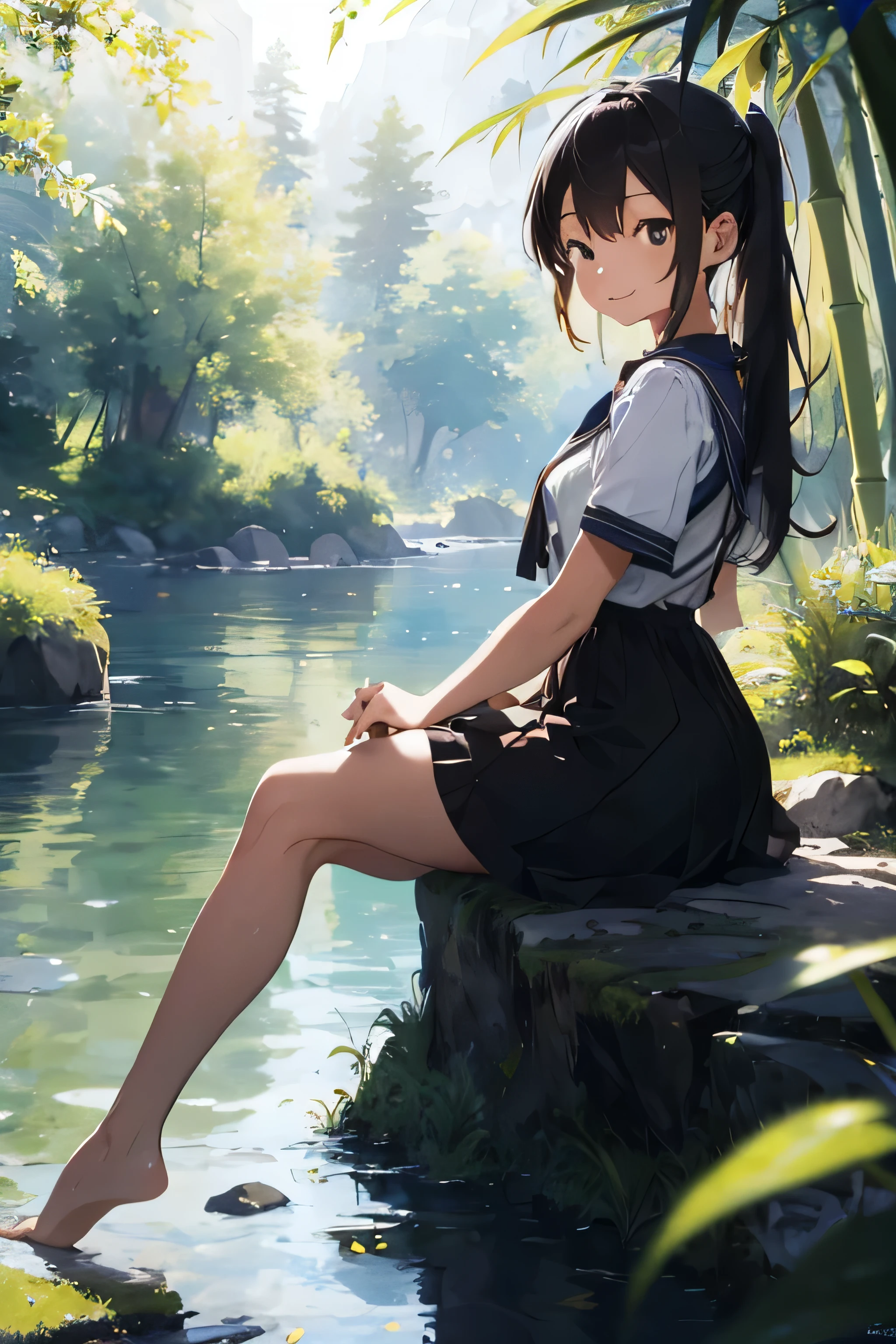 A high school girl resting on the riverbank with her feet exposed