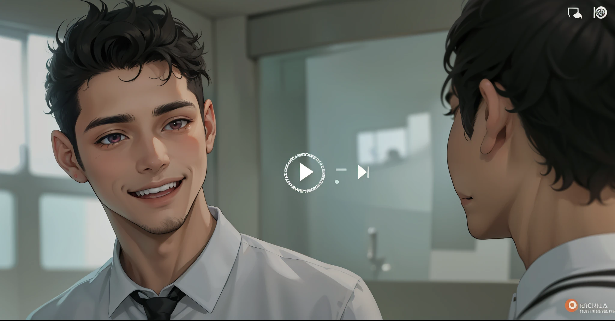 hay dos chicos  sonrriendose  son buenos amigos tienen cabello de color naraja ojos naranjas