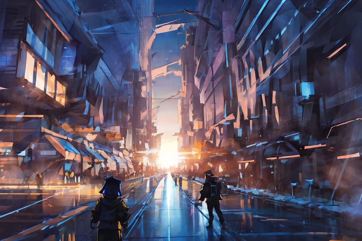 (realista:1.5) EdobSyFyCityLandscape, Luces de la ciudad, luna, oscuro, day, firma, holograma, caminando, chaqueta, luz de sol, varios chicos, 