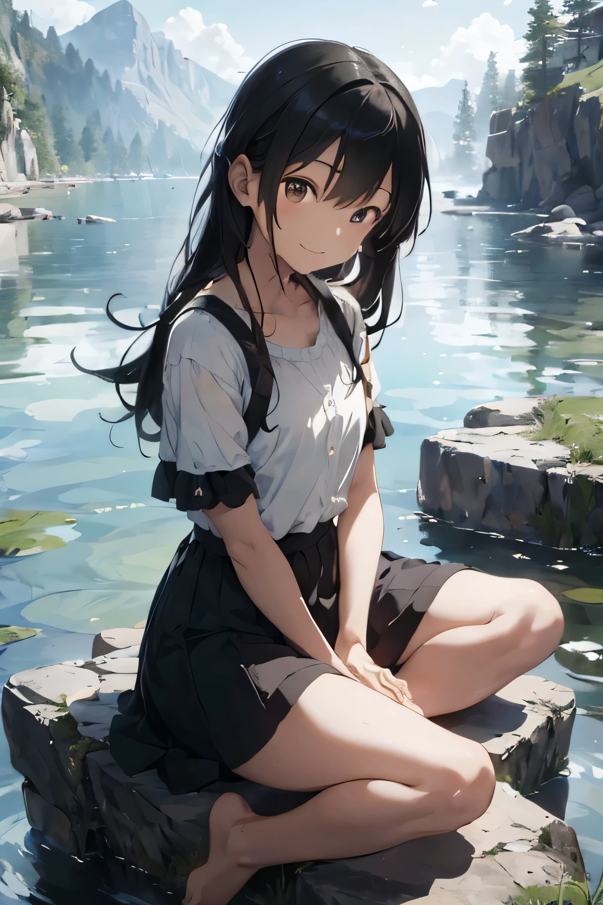 A girl sits on a rock by the lake and plays a 1:4 simple bamboo flute. barefoot. He's sitting cross-legged. , beautiful, aesthetically pleasing, 8k, high quality, high detail, bright lighting. harmony. beauty. calmness. Girl blows into the flute. Girl eyes are closed. Smile. Legs are detailed. HD. UltraHD