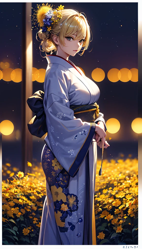 masterpiece, high quality, 4K, Beautiful design, silhouette,blonde, 非常に詳細な夜のStarry Sky,Flower Field, wonderful, Finer details, Very knowledgeable woman, Highly detailed solo, 1 female,Big Breasts,Yellow Yukata,Night view,Starry Sky,Fireworks in the background,