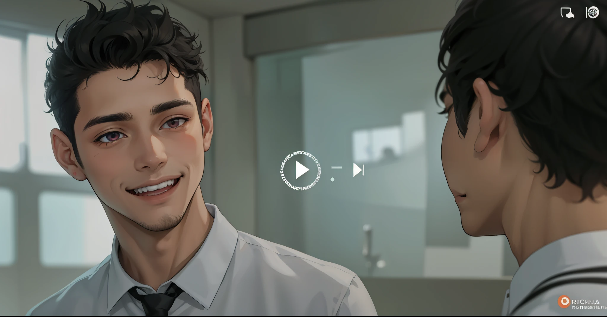 hay dos chicos  sonrriendose  son buenos amigos tienen cabello de color naraja ojos naranjas