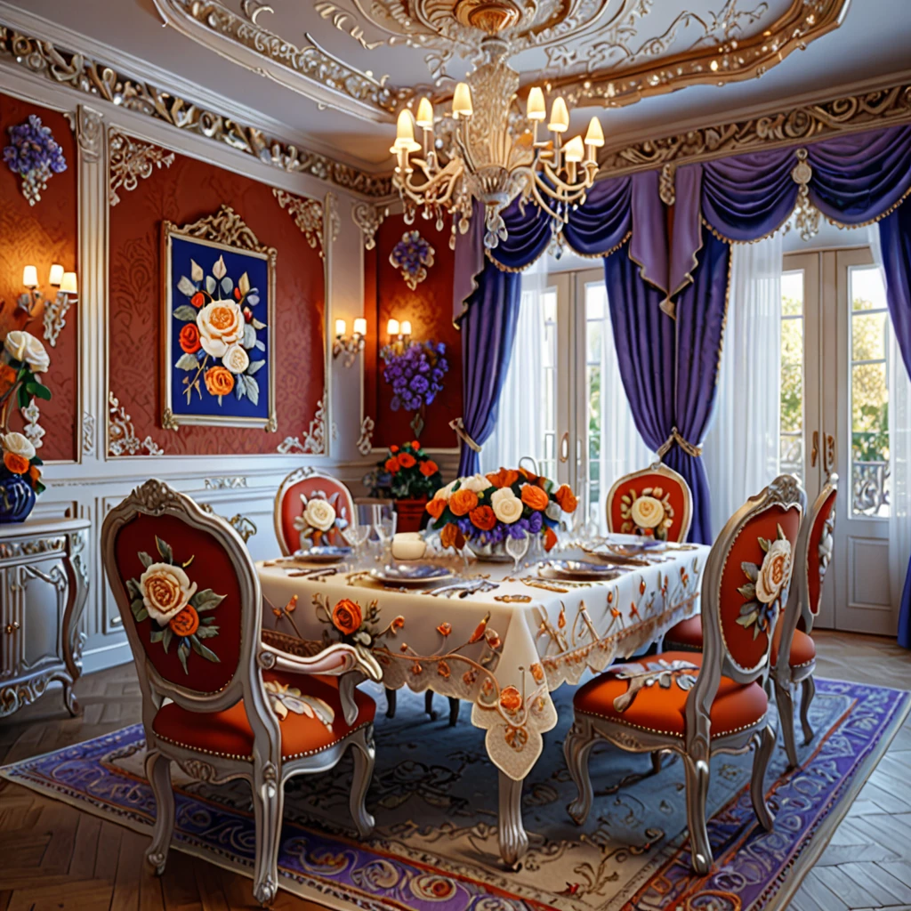 an Embroidered dining room, highly detailed white roses with intricate embroidery patterns, double stitching, silver and gold beads, vibrant creamsicle, red, white, blue, lavender, orange colors on an Italian dining room design, award-winning digital art, 8k, photorealistic, extremely detailed, cinematic lighting, volumetric lighting, dramatic shadows, lush colors, elegant, ornate, luxurious, masterpiece, intricate complexity, stunning