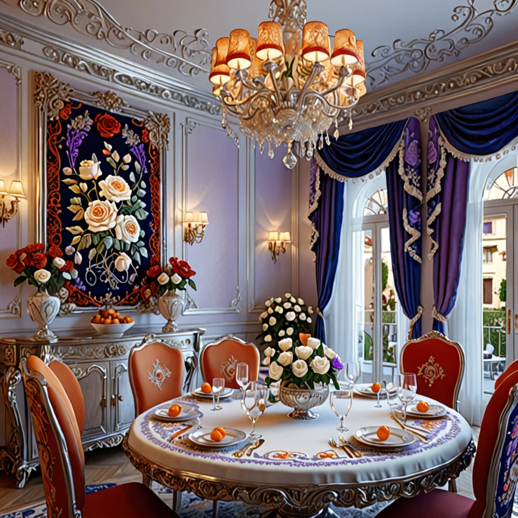 an Embroidered dining room, highly detailed white roses with intricate embroidery patterns, double stitching, silver and gold beads, vibrant creamsicle, red, white, blue, lavender, orange colors on an Italian dining room design, award-winning digital art, 8k, photorealistic, extremely detailed, cinematic lighting, volumetric lighting, dramatic shadows, lush colors, elegant, ornate, luxurious, masterpiece, intricate complexity, stunning