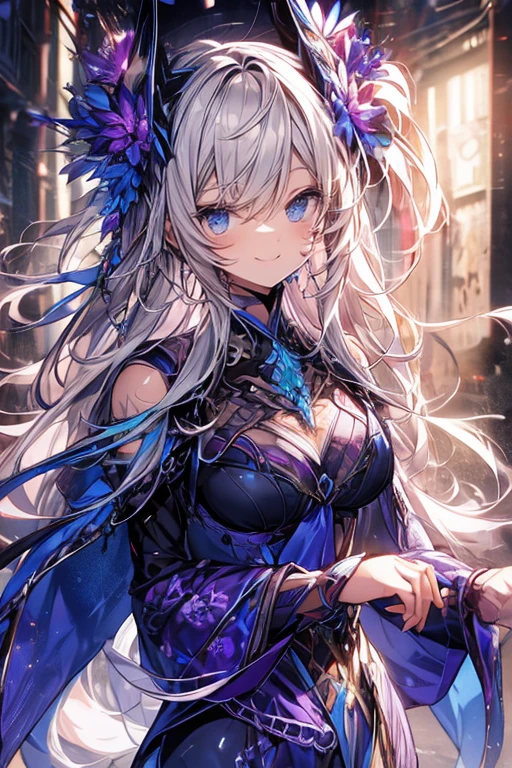 blue purple contrast detailed eyes 1:1, smiling