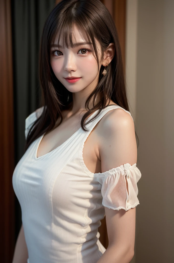 White see-through blouse,Face Interview, (photo Real:1.4), (hyper Realistic:1.4), (Realistic:1.3), (Smooth lighting:1.05), (Improve the quality of your video lighting:0.9), 1 Female, 20-year-old woman, Realistic lighting, Backlight, Facial Light, Ray-tracing, (Cheerfulness:1.2), (Improved image quality:1.4), (Top quality real texture skins), Finely grained, Small Face, Red cheeks, Skinny body, Mesonothorax pointed chin,,,, Korean Idol, Nogizaka Idol, Glowing Skin, Gravure idol pose, p, Blunt bangs, Light brown hair, Hair behind the ear, Hair that falls over the shoulders, Long Hair,Tear bags，Summer Plateau、