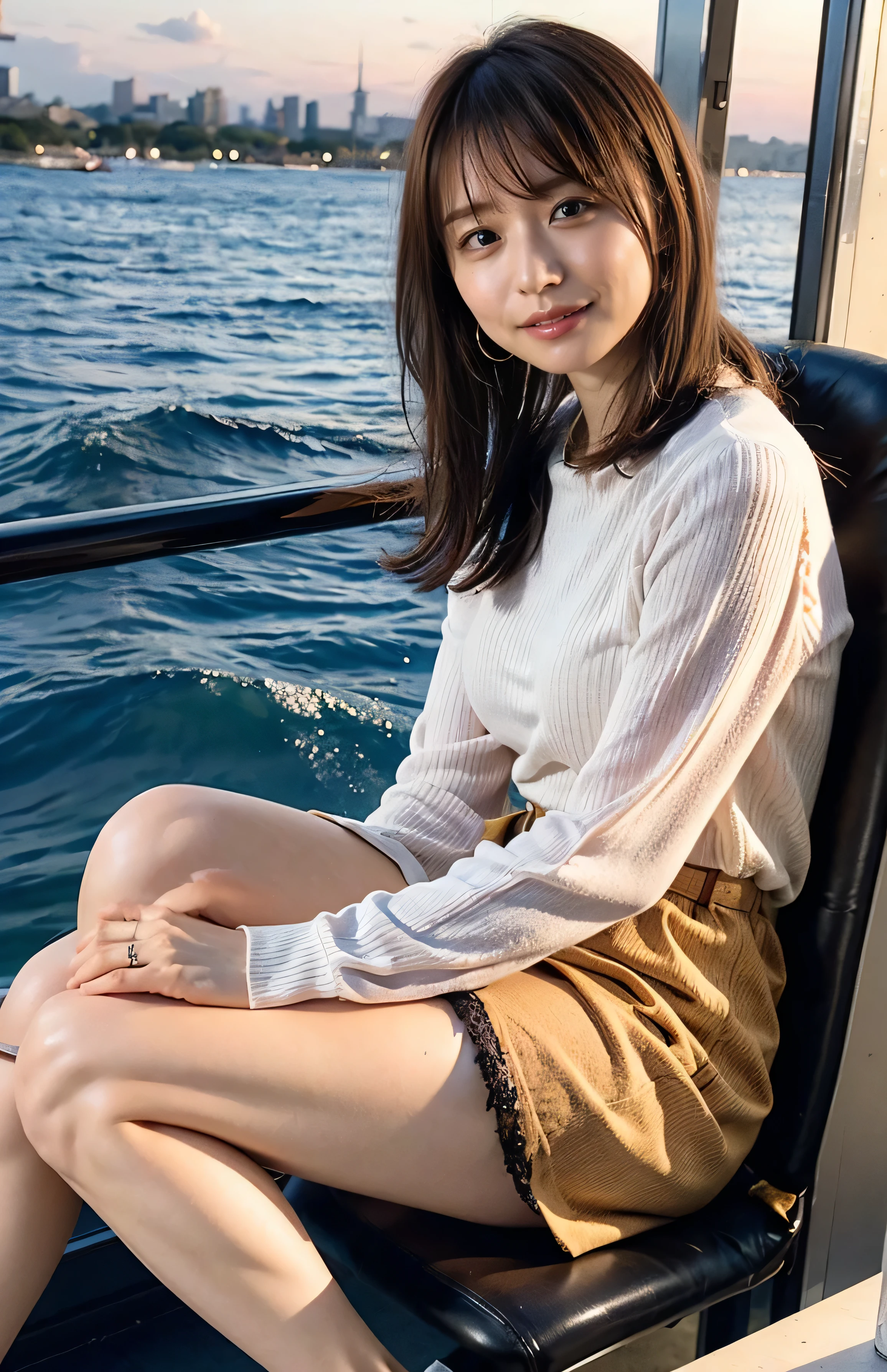 The sky turns red、Woman standing on a boat、Light brown hair、Elegant hairstyle、Blue Eyed Woman、A woman with a cute upward gaze、When the sky gets dark、The gentle light of the ship shines、The sky turns red as the sun sets、Tight clothing that shows your body lines、、Elegant summer knitwear、Elegant summer sweater、belt、Short skirt、Dress elegantly着こなす、Luxury Bags、、((Medium Short Hair:1.4))、Skyscrapers seen across the sea、Manhattan 私sland is visible offshore、Woman on a sightseeing boat、、The sun shines on her、Light brown hair、Light brown hair、The sky was dyed red、There are clouds、private's cute、An elegantly dressed woman is sitting on a boat and watching the sunset、Her ample breasts are obvious even through her clothes..、The shining sun is so beautiful、Dusk is approaching、Lens flare、You can see the sunset、((Sunlight reflecting off the ocean、Ocean View、The sun shines on the ocean、'beautiful.、Small earrings、private'evening、Birds are also flying、、Brown Hair Color、Tying up hair、The woman is on the right:1.4))、High-quality leather belt、Shiny clothes、Light beige hair color、Background Blur、Braid only the front hair、Light brown hair、{{Cowgirl Shot}}、((Close-up shot from the waist up、Ample breasts:1.4))、Smile、Silk clothing、Ample breasts that can be seen even through clothes、Braid only the front hair、Cowboy Shot、Gorgeous white collared silk shirt and brown skirt、Dress elegantly、Luxury Bags、A lovely smile、((Ample breasts))、Full body photo、ring、Short skirt、Tuck your hair behind one ear、Silver Necklace、smile、 Elegant ponytail、Caustics、Highly detailed photos、Very beautiful and ideal short hair、Super no makeup、(8k、RAW Photos、highest quality、masterpiece:1.2)、(Realistic、Realistic)、1 girl、((Medium Short Hair、Looking into the camera:1.4))、Hair blowing in the wind
