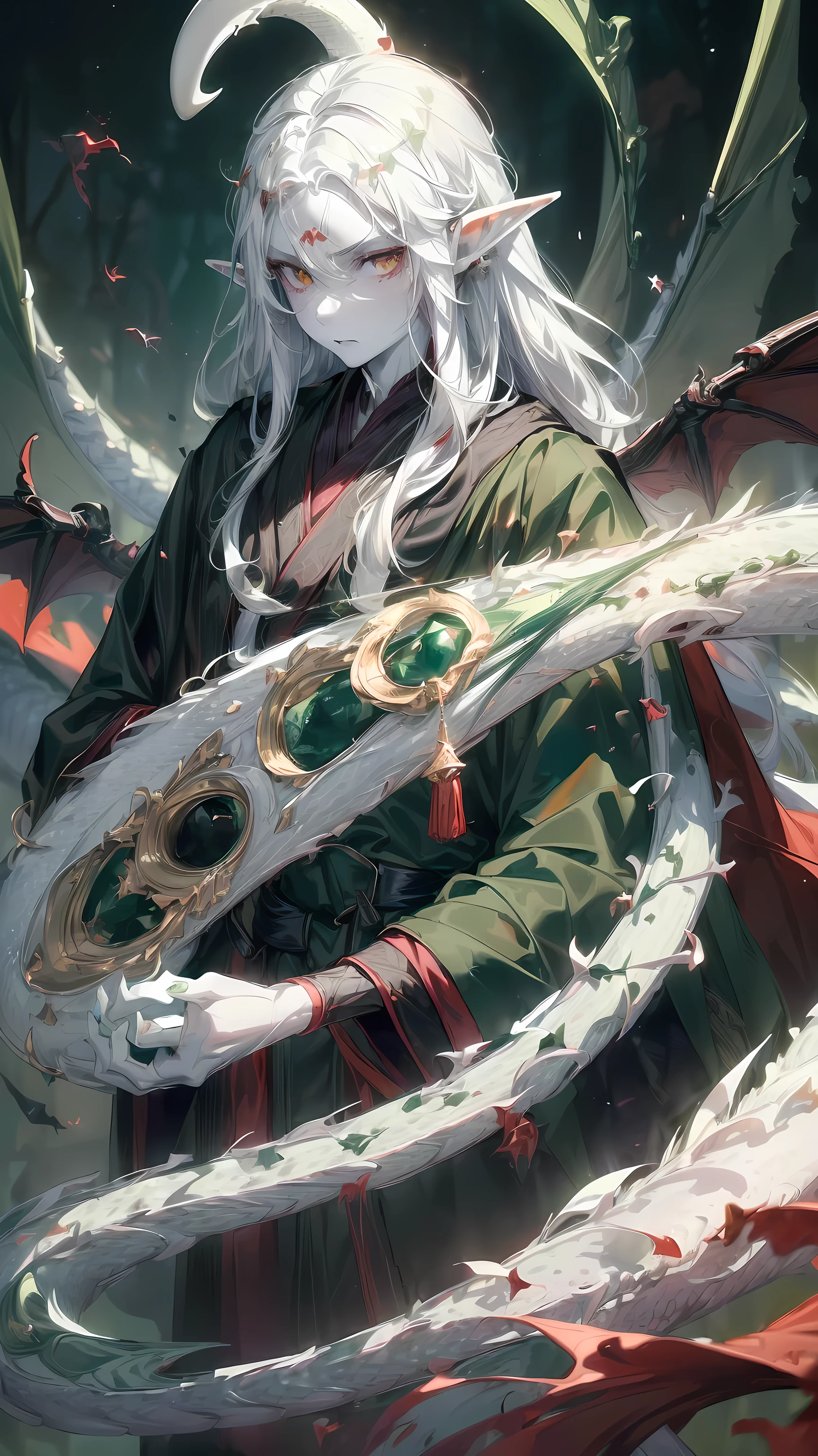 beautiful, (Best Illustration), 8k resolution, Intricate details, best quality, Practical, Super detailed, Optimal lighting, Best shadow, Ultra high quality, ((((handsome young man))), ((ager :1.5)), (glowing red eyes), (Glowing eyes), ((((Black long hair: 1.1))), ((Dark green clothes)), (prince (indifferent expression), , (((Wearing a high-detail luxurious green robe))),, Starry night sky, Meteorite fall, Elf ears, ((White skin)), There is a dragon horn on the forehead, Surrounded by dragons