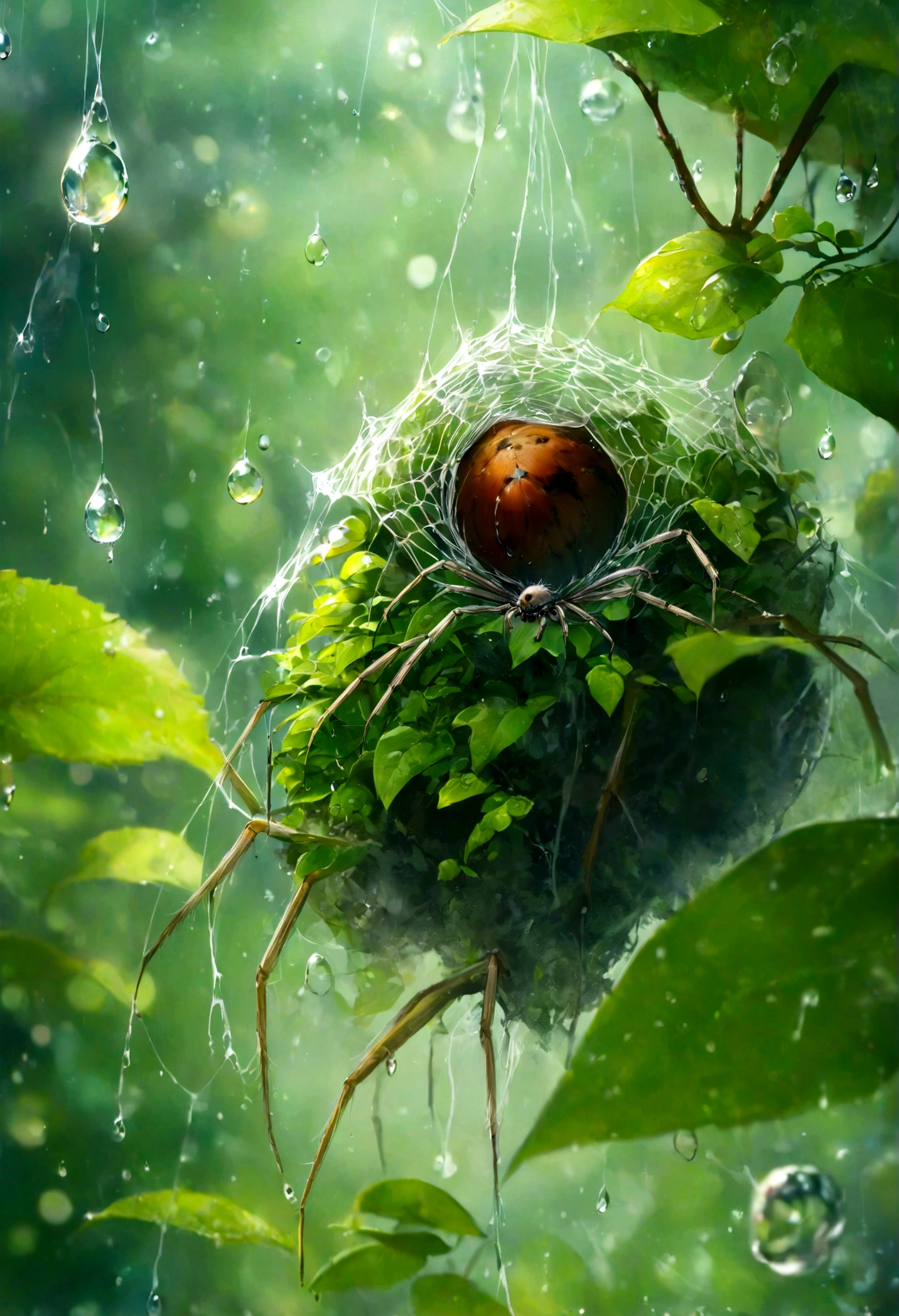 (Masterpiece, highest quality:1.2), Many water droplets on a spider web、The background is a blurred image of green leaves、Bokeh、Close-up of a spider&#39;s nest and water droplets