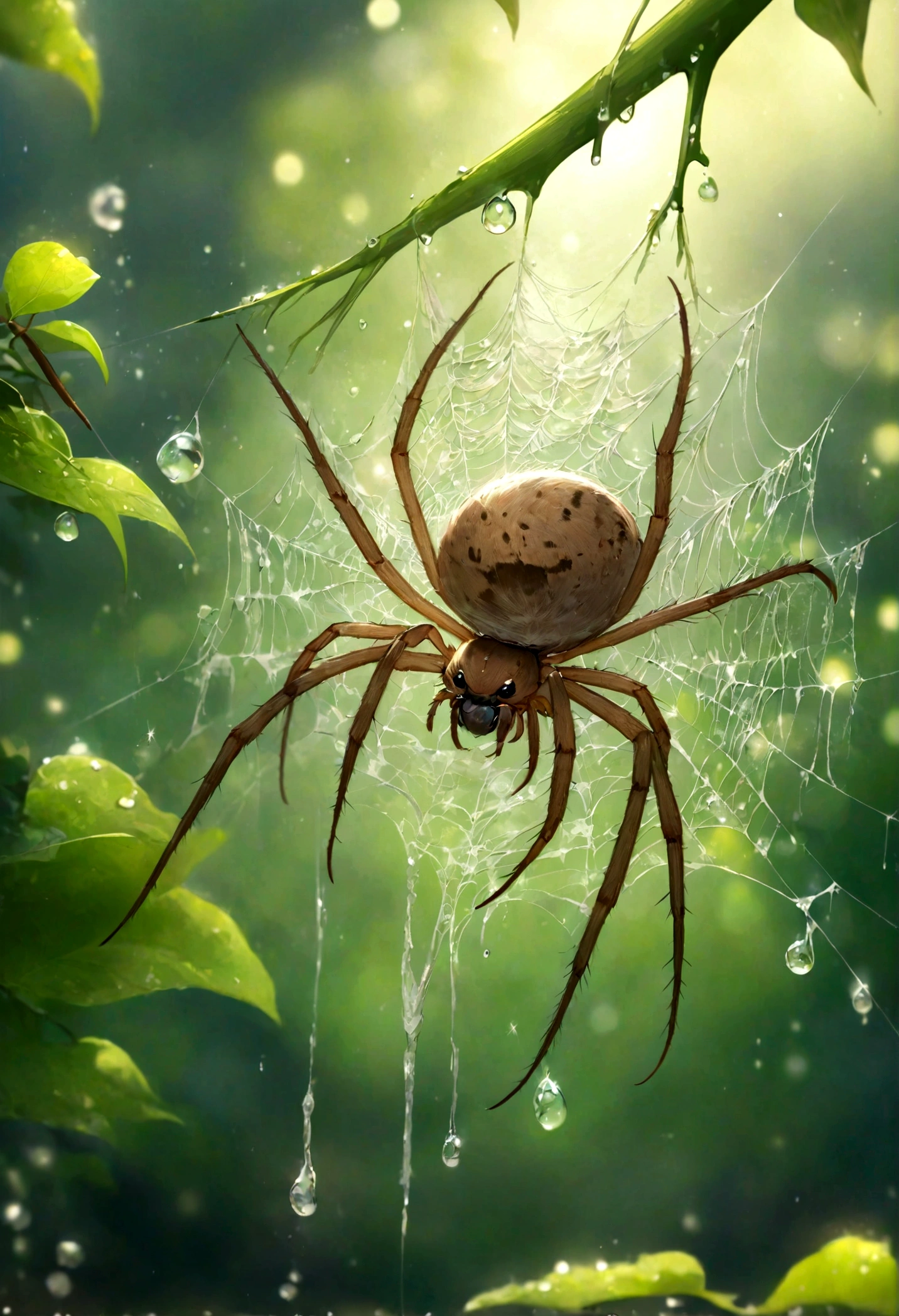 (Masterpiece, highest quality:1.2), Many water droplets on a spider web、The background is a blurred image of green leaves、Bokeh、Close-up of a spider's nest and water droplets