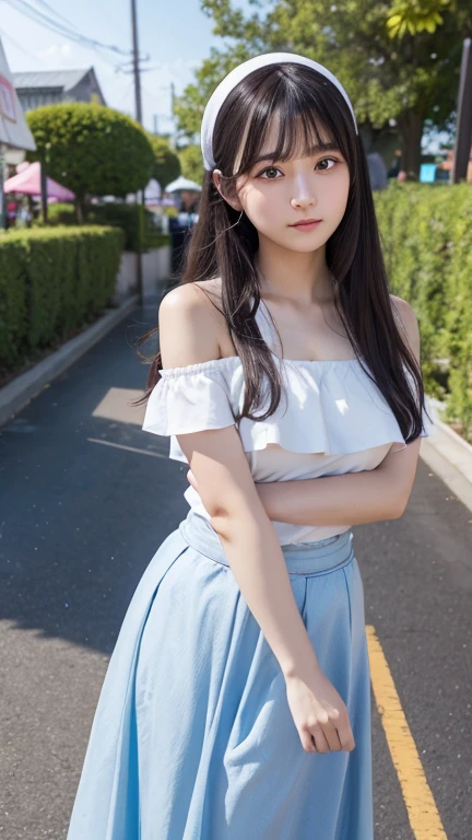 Put your arms behind your back、8K、Detailed Description、Very high definition、Realistic、reality的、Real、live-action、reality、High resolution、Nogizaka46、japanese idol,beautiful girl、21 years old、Dark brown eyes、sunny、blue sky、amusement park、light smile, closed mouth,off-shoulder-tops,pastel colour、Long skirt、Long Hair、Headband、Very black hair、pretty girl、Beauty、Glowing Skin、Glowing Skin、Shiny Hair、Hair blowing in the wind、Very white skin、Heavy makeup、Large Breasts、Slit eyes、Big Eyes、Double eyelids、Don&#39;t show your teeth、Back view、look back、Small Bag