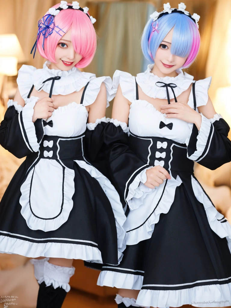 (8K, Photorealistic, Raw photo, of the highest quality: 1.3), (1girl in), Super beautiful, (Realistic face), (boyish, light blue Color Berry Shorthair),(8K, Photorealistic, Raw photo, of the highest quality: 1.3), (1girl in), Super beautiful, (Realistic face), (boyish, pink Color Berry Shorthair), Beautiful , Glare that captivates the viewer, Beautiful expression, Beautiful breasts, (Realistic skin), Be...Create a detailed and colorful image of Ram and Rem from Re:Zero, standing back-to-back in their maid outfits, with a magical fantasy background、14years old, two girls,cute, perfect face, beautiful, nice body, gothic lolita clothes, gothic lolita fashion, frilly skirt, headdress, necklace, bracelet, knee-high socks, boots, double eyelids, tear bags, Detailed down to the fingers, photo-like description, indoors, dim indoor lighting, one girl is pink hair and short bob, another girl is light blue hair and short bob,standing, whole body, composition that shows the whole body, smiling,The Both of them are wearing the same type of maid outfit