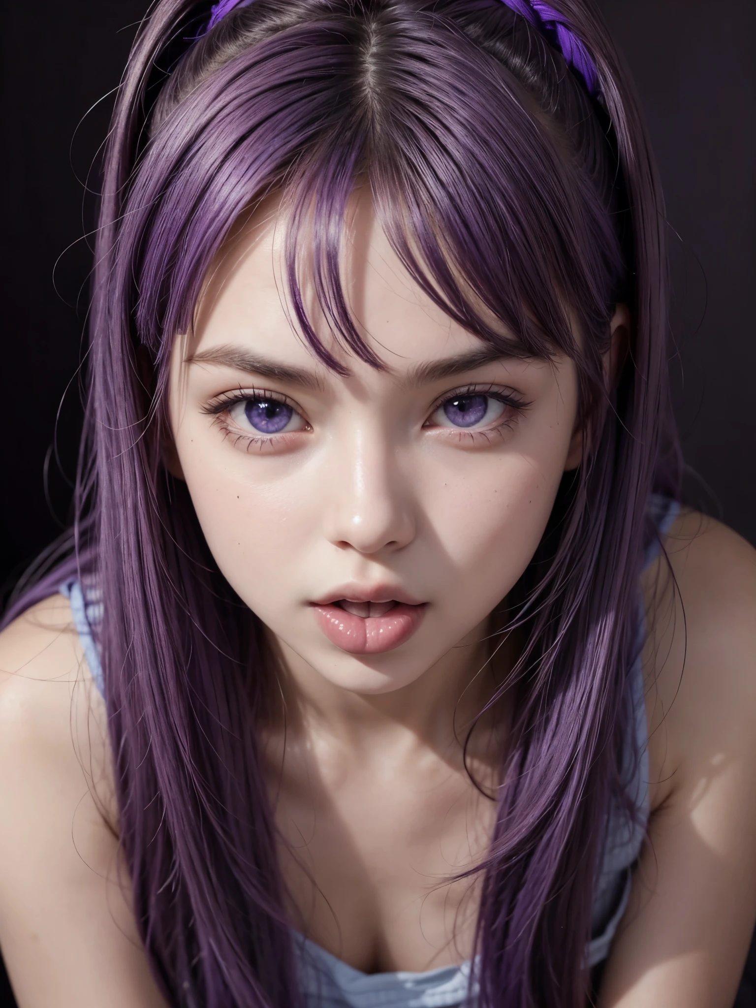 Hot girl, purple hair, purple eyes, showing the tongue