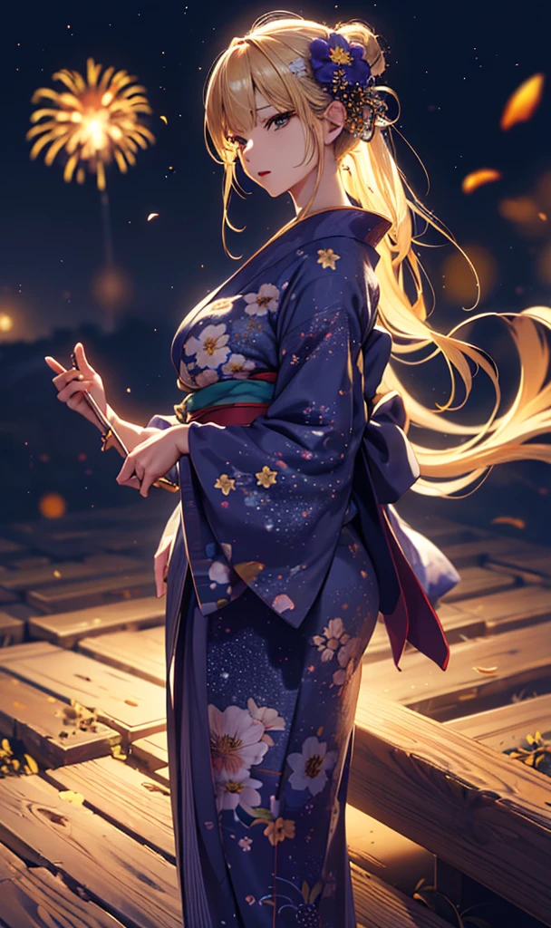 masterpiece, high quality, 4K, Beautiful design, silhouette,blonde, 非常に詳細な夜のStarry Sky,Flower Field, wonderful, Finer details, Very knowledgeable woman, Highly detailed solo, 1 female,Big Breasts,yukata,Night view,Starry Sky,Fireworks in the background,
