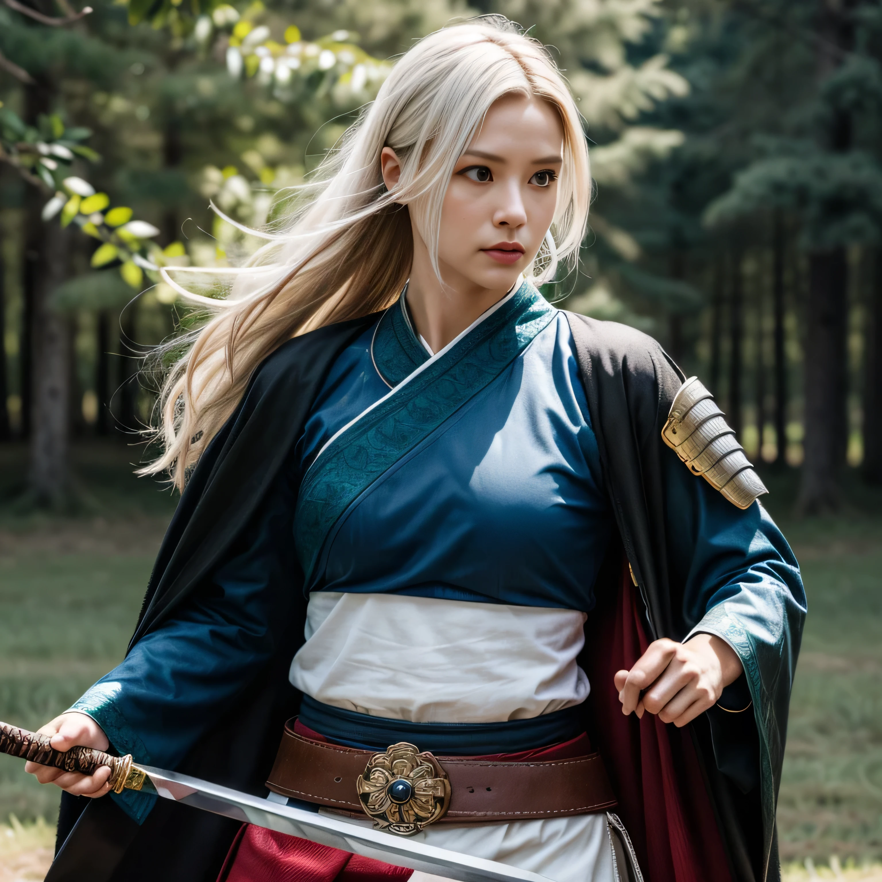 photorealistic, masterpiece, photorealistic, high resolution, soft light, hips up, blue eyes, white hair, long hair, Intricate details EABA, cloaks, spear, Samurai, Armor, warrior, samurai helmet