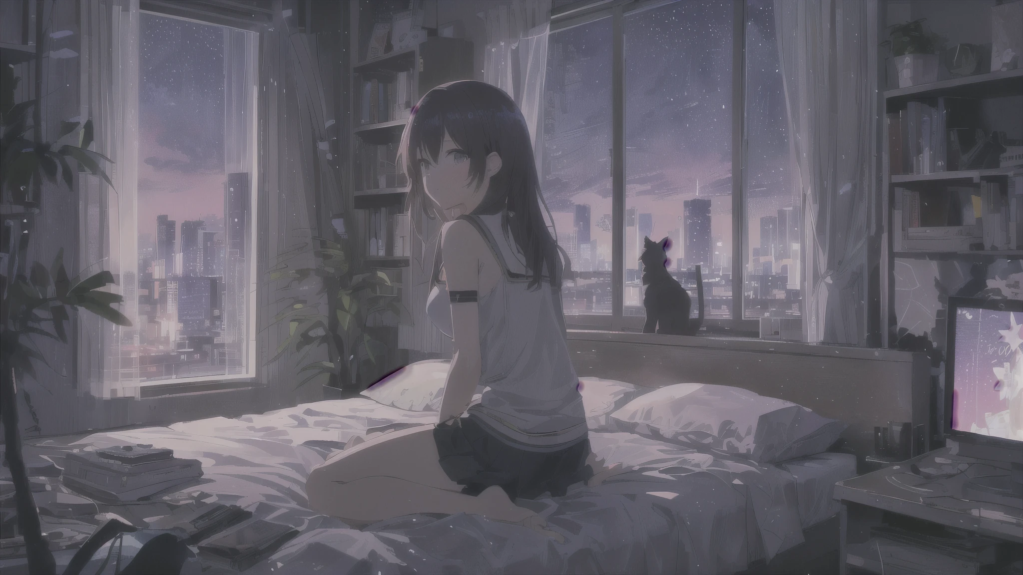 An anime-style image with the vibe of 1980s city pop culture,anime girl sitting on bed in front of a window with city view, 4k anime wallpaper, anime style 4 k, anime wallpaper 4k, anime wallpaper 4 k, anime art wallpaper 4k, anime art wallpaper 4 k, anime art wallpaper 8 k, watching the sun set. anime, sits on a rooftop, 4 k manga wallpaper, relaxing atmosphere