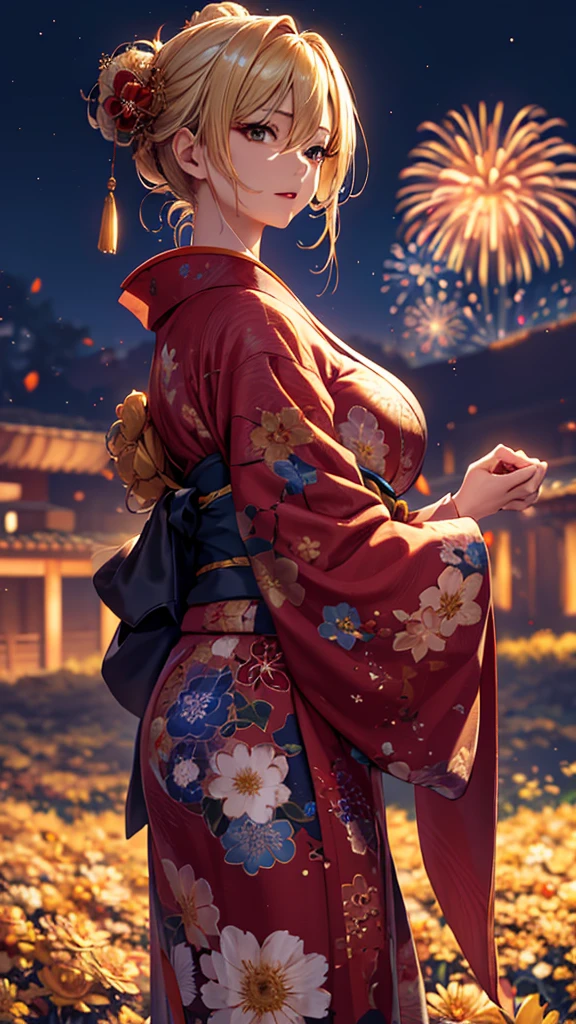 masterpiece, high quality, 4K, Beautiful design, silhouette，blonde， 非常に詳細な夜のStarry Sky,Flower Field， wonderful, Finer details,  Very knowledgeable woman, Highly detailed solo, 1 female,Big Breasts，Red color yukata，Night view，Starry Sky，Fireworks in the background，