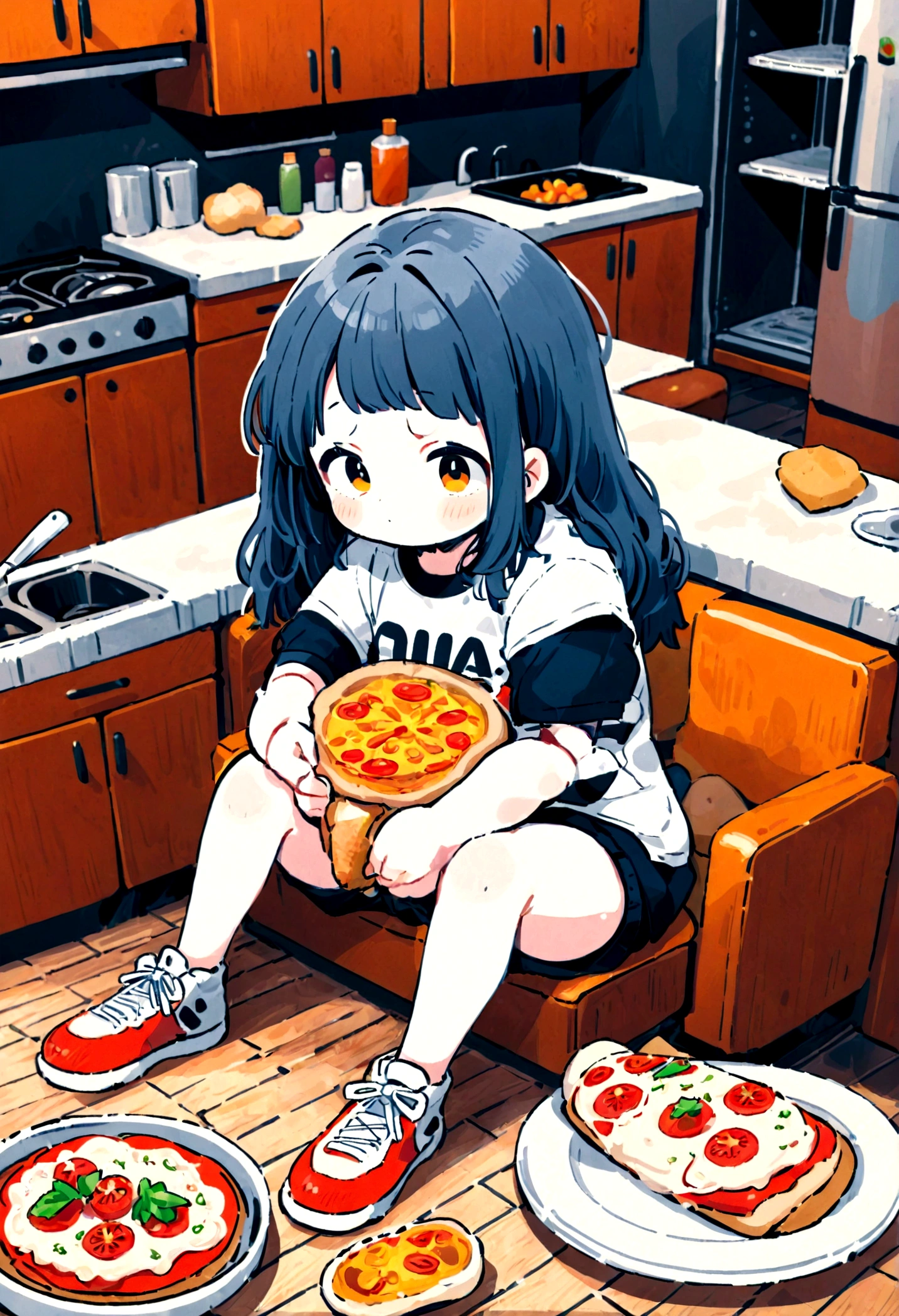 picture 1d, an obese woman sitting on the kitchen floor, cercado de comida, comendo uma fatia de pizza, com um olhar triste no rosto