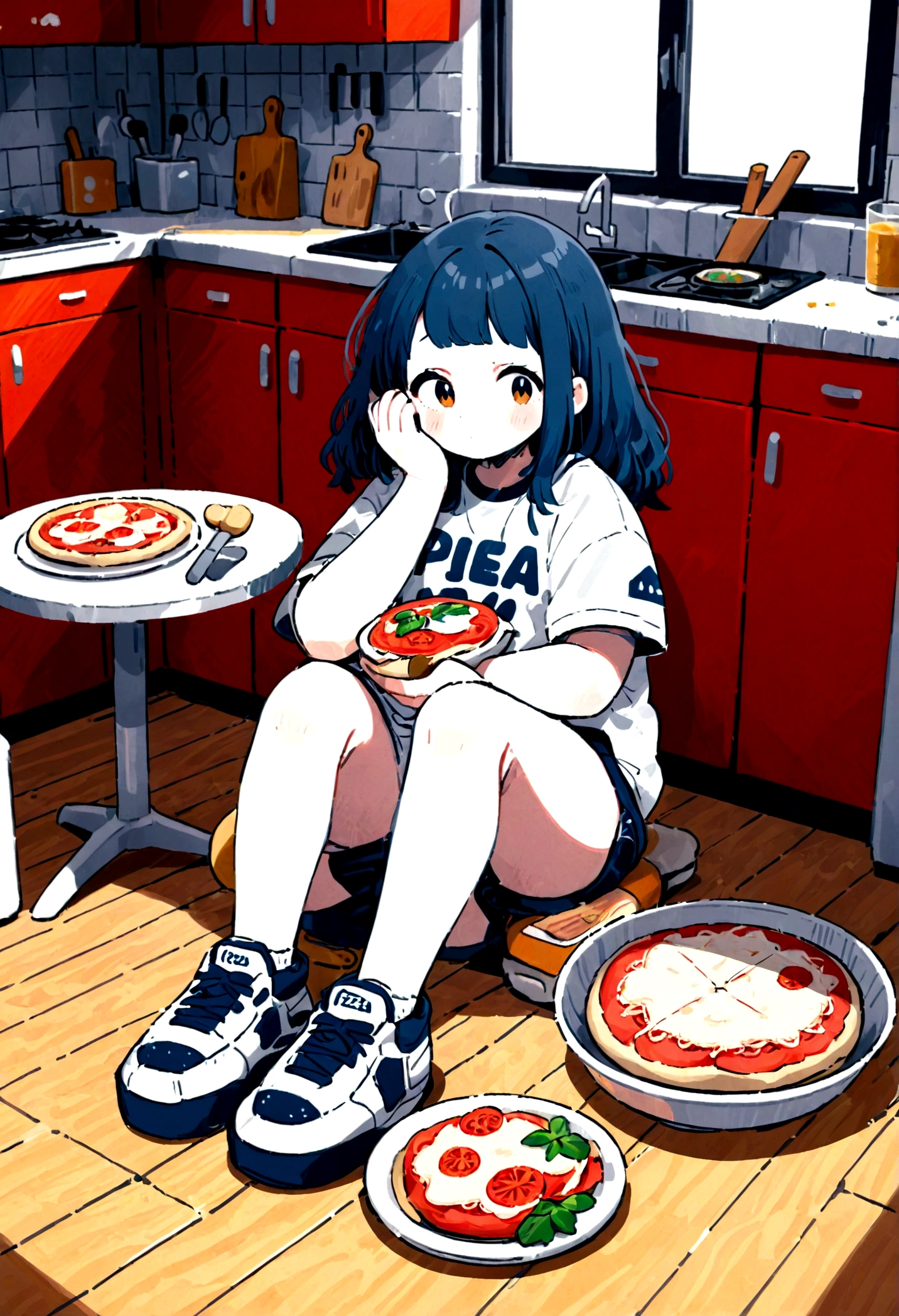 picture 1d, an obese woman sitting on the kitchen floor, cercado de comida, comendo uma fatia de pizza, com um olhar triste no rosto