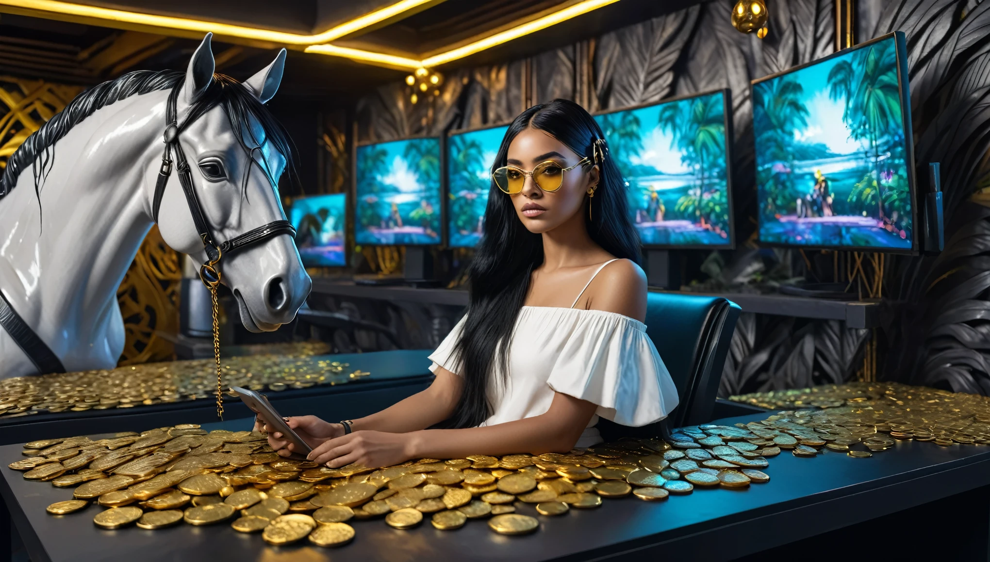  I want a sculpture of stoic philosophers with a black and white background. The image should focus on philosophers holding money or in a meeting and showing wealth. It must be a complete sculpture with walls or buildings in the background. Hyperrealistic with gold chain glasses, several gold coins scattered on the floor, young woman with dark and mixed skin with long black hair carrying computer phone and holding two monitors sitting in cyberpunk sci-fi tropical island room.,   Best for creating fairy horse style and sharp lines.
brilhante, detalhado, 8k, intrincado, Fantastic, colorful vibration, brilhante, descolado, reggae