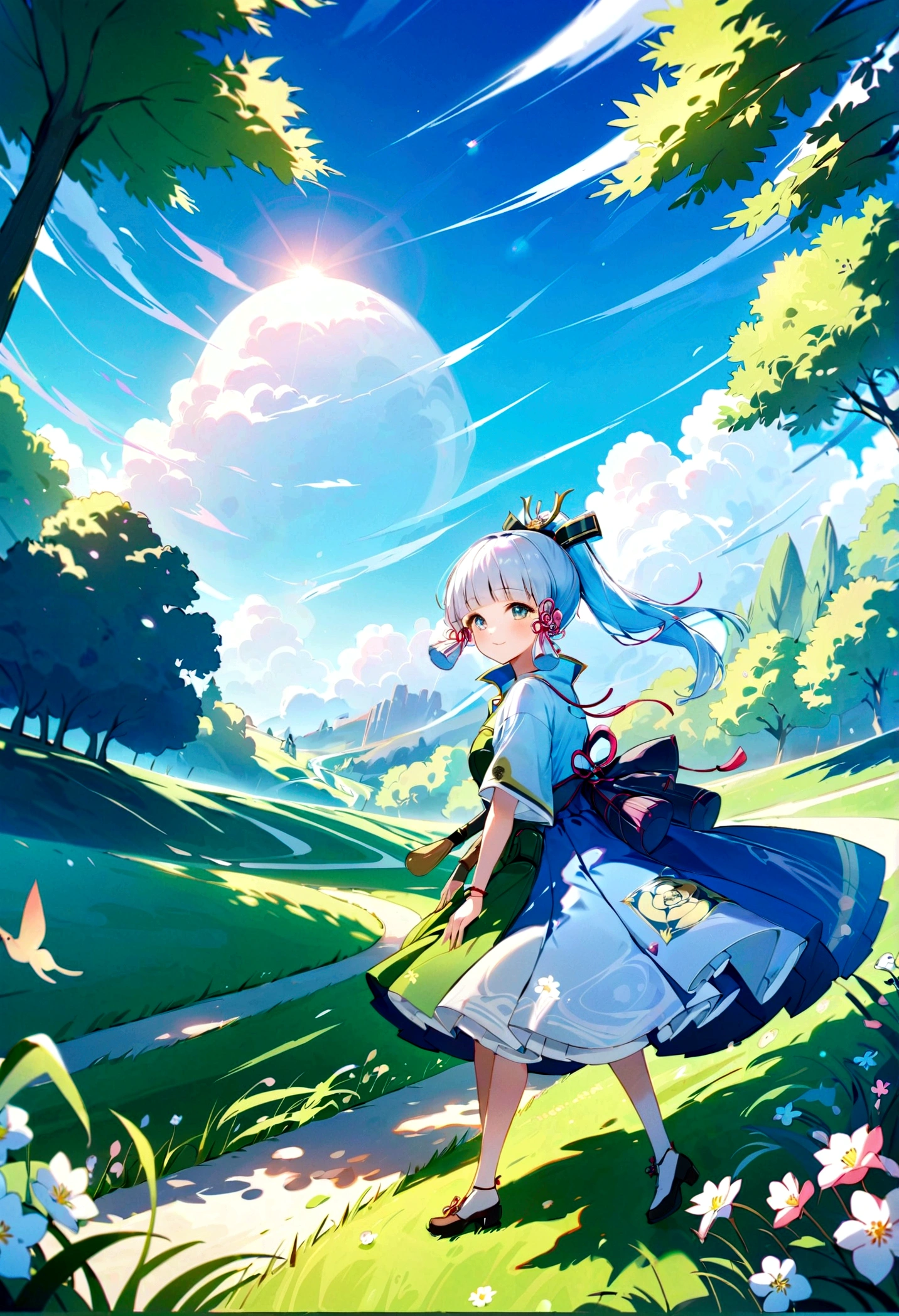 (best quality, 4k, masterpiece :1.3), Kamisato Ayaka，Spring morning，beautiful detailed flowers，Bright blue sky，Sparkling sunshine，Lush green grass，Winding grass path，Whimsical cloud shapes，Peeking through the branches of the sun，color palette，Happy scene，Artistic interpretation，Magical and charming scenery。