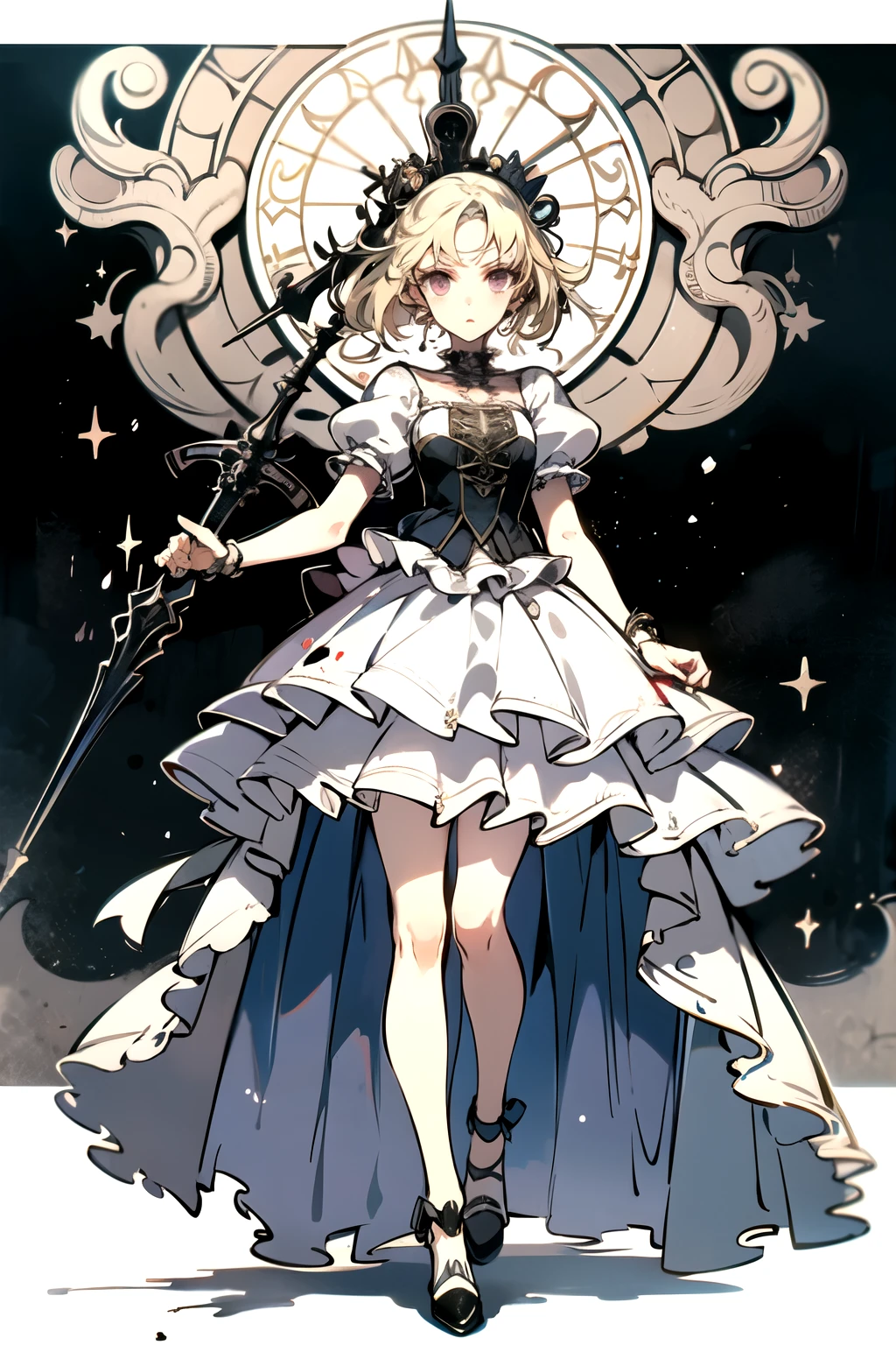 ((best quality)), ((masterpiece)), (detailed), perfect face ((best quality)), ((masterpiece)), (detailed), blank white background, plain background, white background, Bloodborne inspired, occult aesthetic, occult, detailed and intricate steampunk and detailed gothic, (zentangle, mandala, tangle, entangle), NSFW, torn clothing, Very dramatic and cinematic lighting, cosmic horror, grim-dark, side-lighting, perfect face, a beautiful goddess adorned and enshrined in armour, Bloodborne inspired , occult aesthetic , occult , detailed and intricate steampunk and detailed gothic , holding a spear or lance, NSFW, Fluttering lace flared short dress with frilly petticoats, knee length dress, pleated petticoats, lolita dress, petticoats gothic lolita, side-lighting, gothic lolita aesthetic, beautiful small breasts, small breasts, full body, whole body, body, plain background, white background, blank background, no background, white background NSFW, full body, whole body, head-to-toe