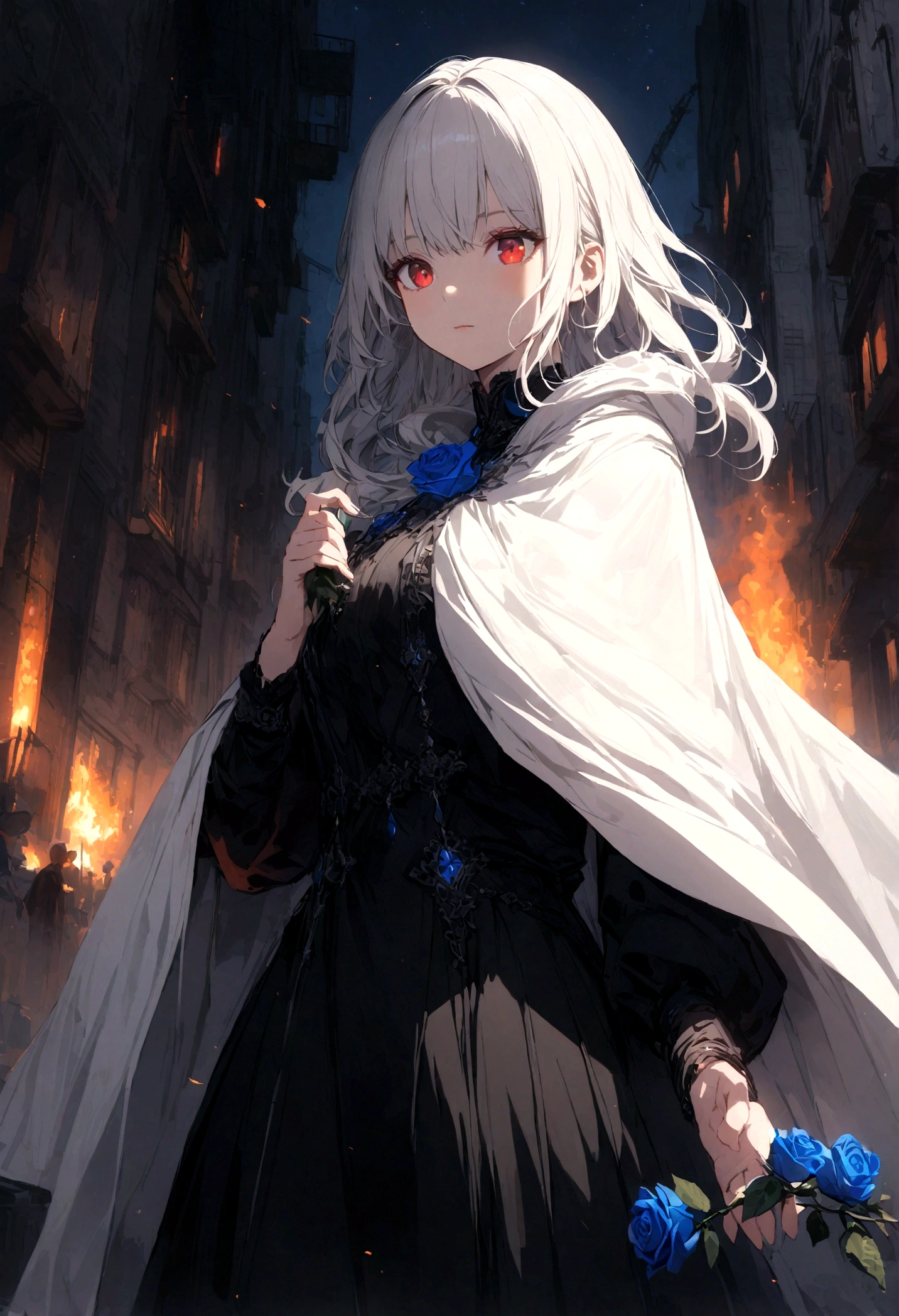 A young girl with white hair and red eyes in a black outfit with a white cape with blue details holding a blue rose in his left hand at night in front of a burning building