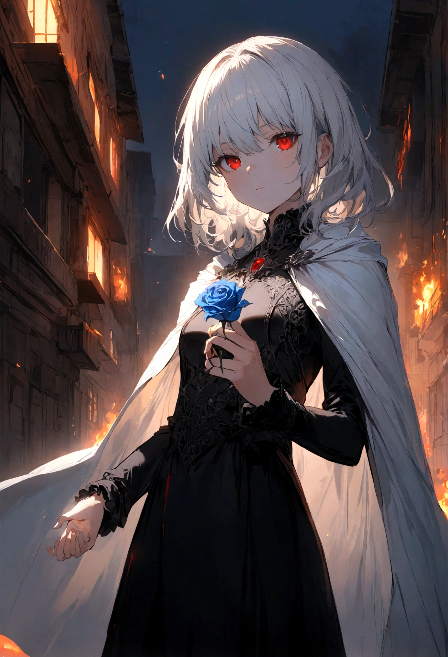 A young girl with white hair and red eyes in a black outfit with a white cape with blue details holding a blue rose in his left hand at night in front of a burning building