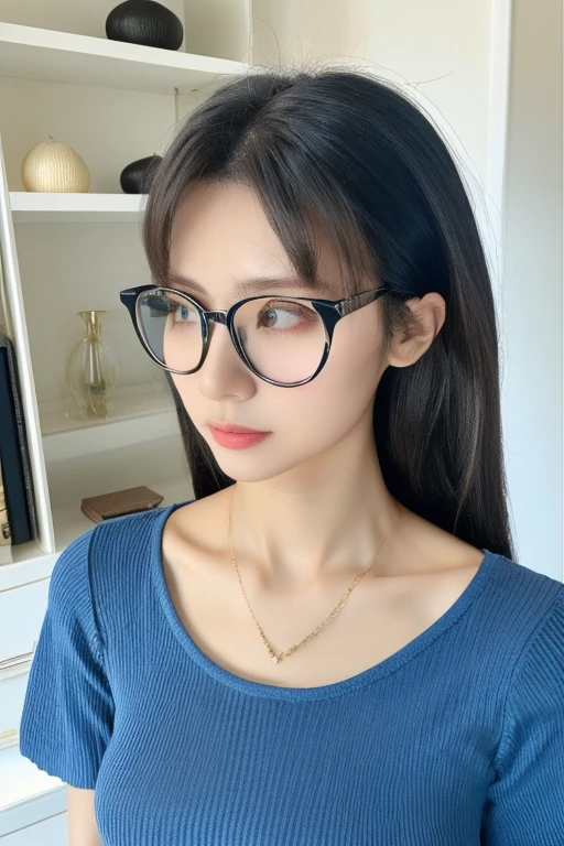 Highest quality、masterpiece、High sensitivity、High resolution、Detailed Description、Slim Body、Glasses、looks fun、Oversized shirt、With bare skin、Sit down、