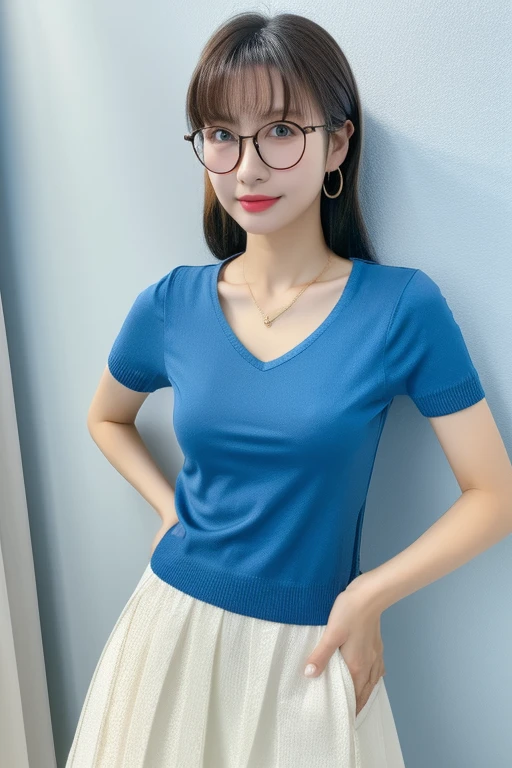 highest quality、masterpiece、High sensitivity、High resolution、 body shape、skinny、Glasses、deep blue、Short sleeve knit、V. Neck