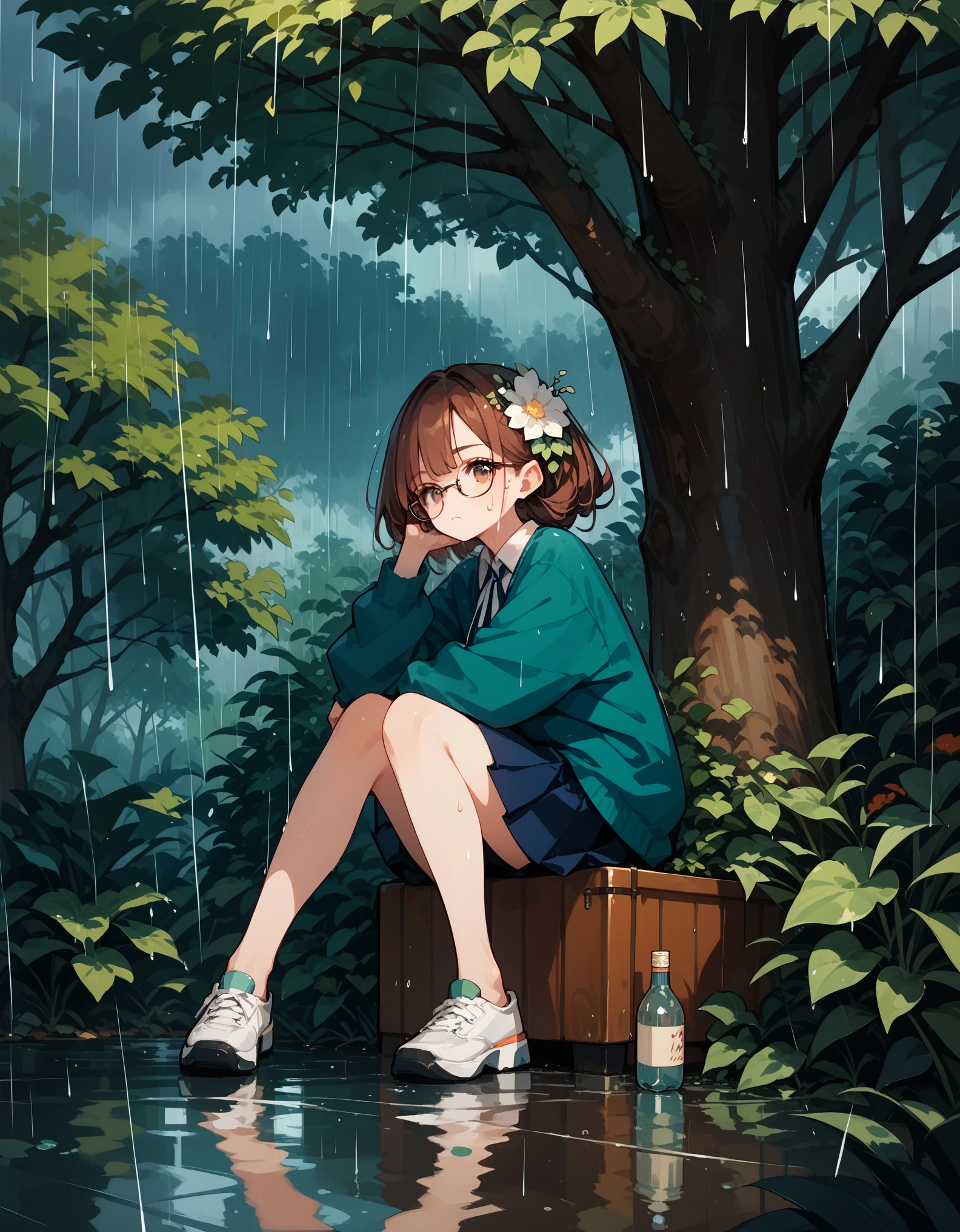 Anime girl sitting on a bench in the rain - SeaArt AI