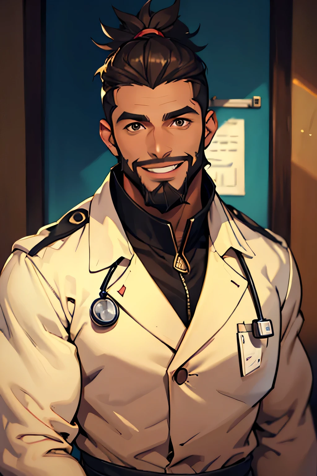 realitic, man 30 years old doctor, brown skin with beard, from tunisia, view chest and head, smiling