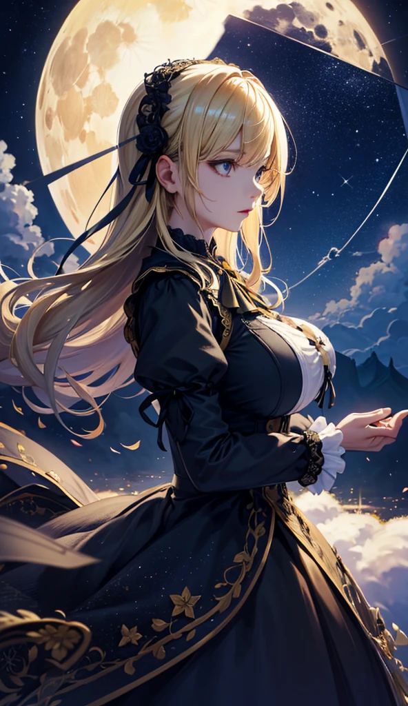 masterpiece, high quality, 4K, Beautiful design, silhouette，blonde， 非常に詳細な夜のStarry Sky,Flower Field， wonderful, Finer details,  Very knowledgeable woman, Highly detailed solo, 1 female,Big Breasts，Gothic Lolita Fashion，Night view，Starry Sky，full moon，