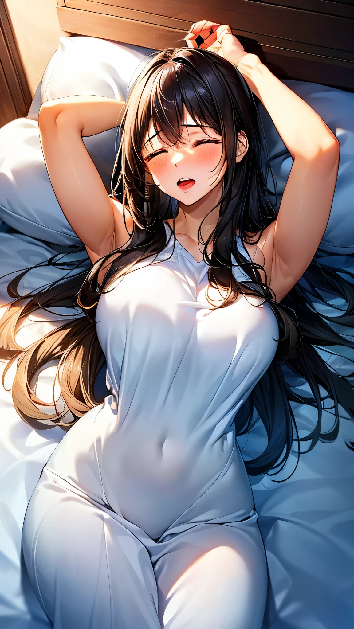 (SFW),birds eye view,(1 girl is sleeping on a bed:1.8,lying),(8k,masterpiece:2.0,anime:1.4,realistic,photo realistic:1.6,best quality, ultra high resolution, ultra-detailed,beautiful illstration,natural side lighting,movie lighting),((1 girl is 18 years old,slut,long hair:1.2,white pueple hair:1.2,messy hair,gleaming skin,closed eyes,open mouth)),curvy,muscle,((perfect breasts,perfect breasts,perfect nipples,two huge breasts:2.0,sagging breasts,abs:0.8)),beautiful hear,beautiful body,perfect arms,perfect hands,perfect fingers,two arms,two hands,two regs,five fingers,
